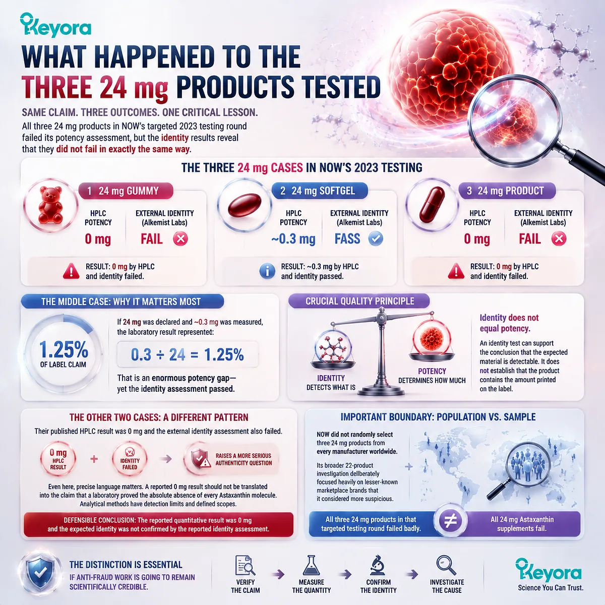 Astaxanthin 24 mg supplement testing compares HPLC potency gaps, identity verification, and label accuracy using the Keyora High-Potency Reality Check framework. Astaxanthin 24 mg supplement testing compares HPLC potency gaps, identity verification, and label accuracy using the Keyora High-Potency Reality Check framework.