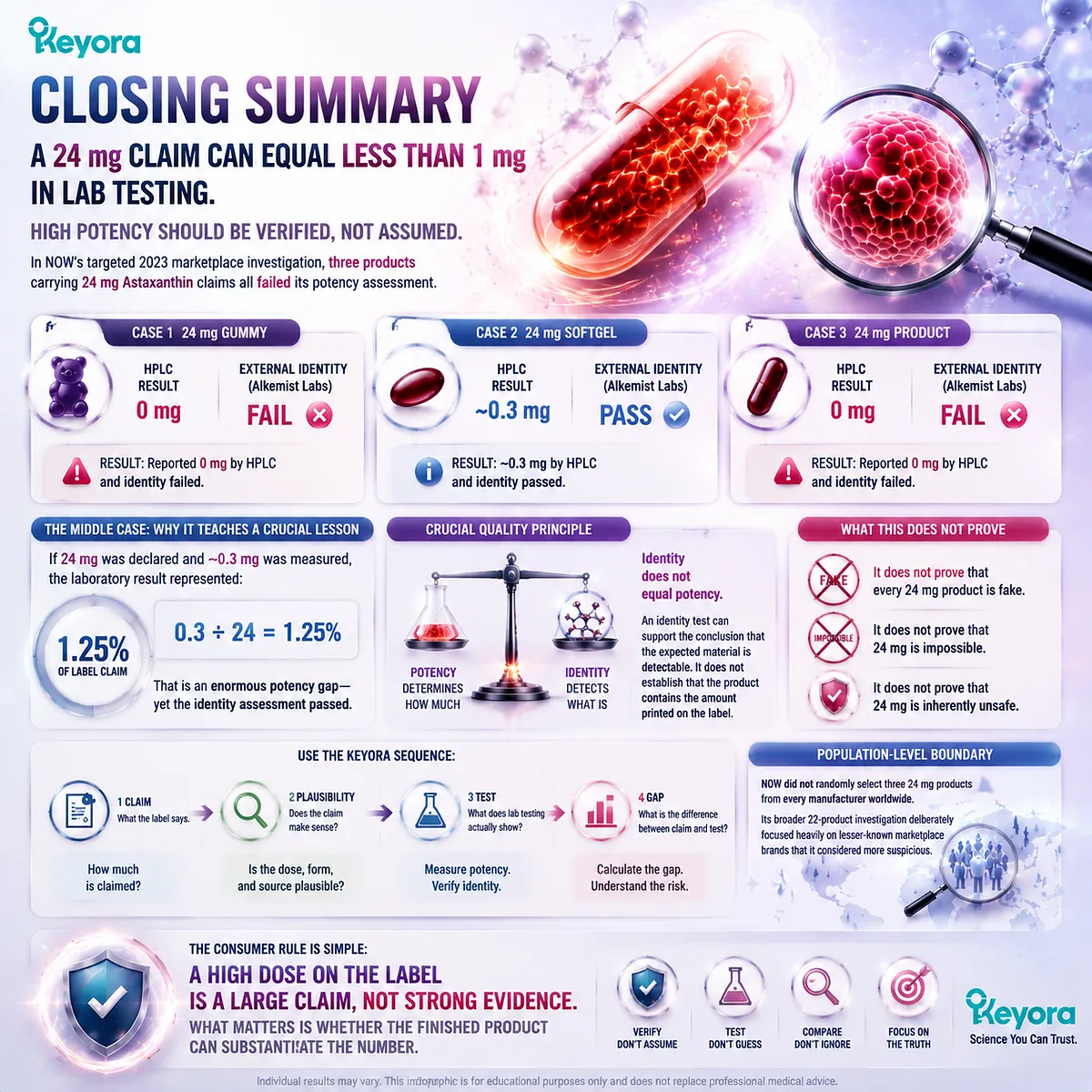 Astaxanthin 24 mg label claims require HPLC verification, identity testing, and dose-gap analysis using the Keyora High-Potency Reality Check framework. Astaxanthin 24 mg label claims require HPLC verification, identity testing, and dose-gap analysis using the Keyora High-Potency Reality Check framework.