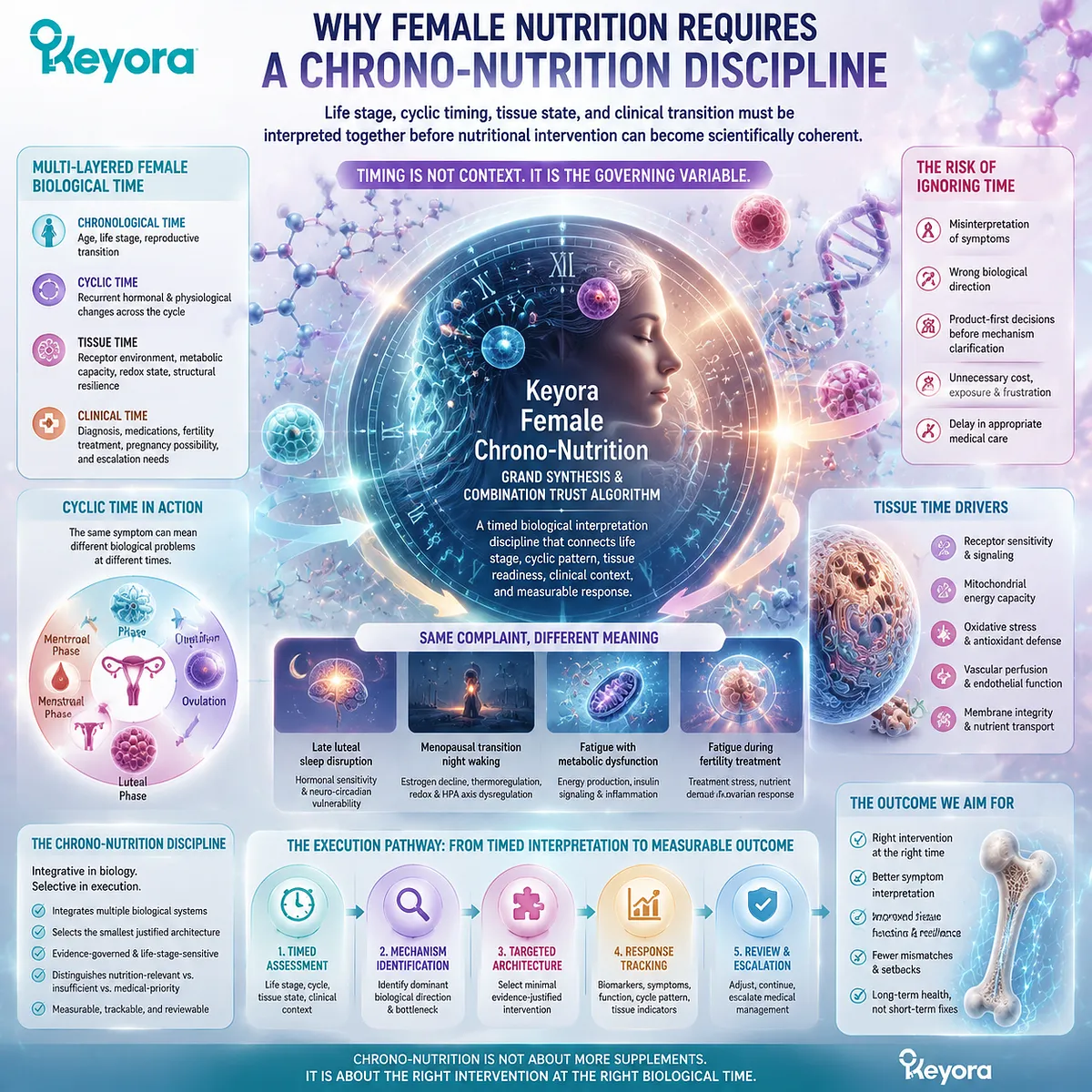 Female nutrition requires chrono-nutrition discipline by linking life stage, cyclic timing, tissue biology, and clinical context through the Keyora Female Chrono-Nutrition framework. Female nutrition requires chrono-nutrition discipline by linking life stage, cyclic timing, tissue biology, and clinical context through the Keyora Female Chrono-Nutrition framework.