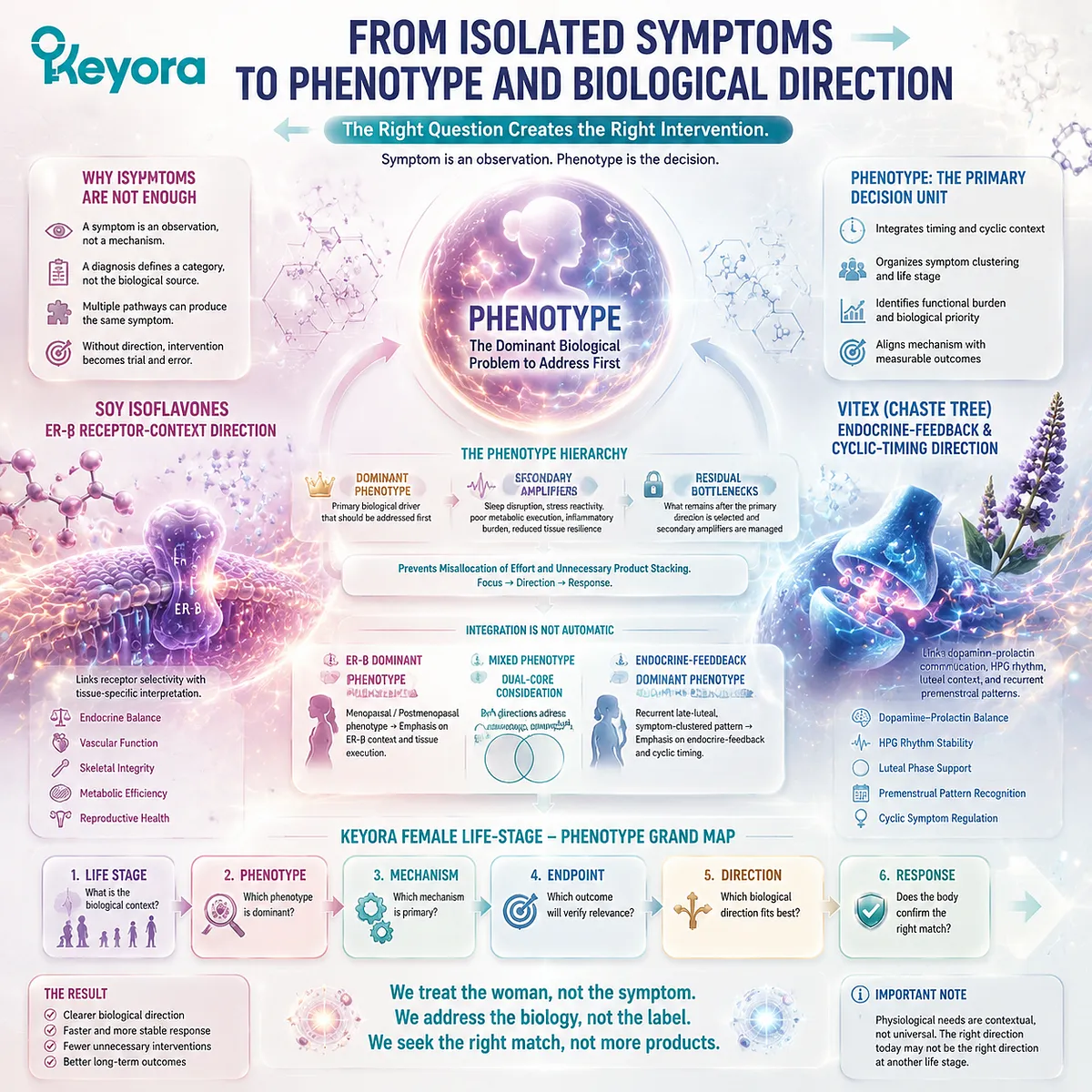 Female nutrition phenotype mapping links symptoms, life stage, and biological direction through ER-β signaling, HPG rhythm, and Keyora Female Life-Stage - Phenotype Grand Map. Female nutrition phenotype mapping links symptoms, life stage, and biological direction through ER-β signaling, HPG rhythm, and Keyora Female Life-Stage - Phenotype Grand Map.