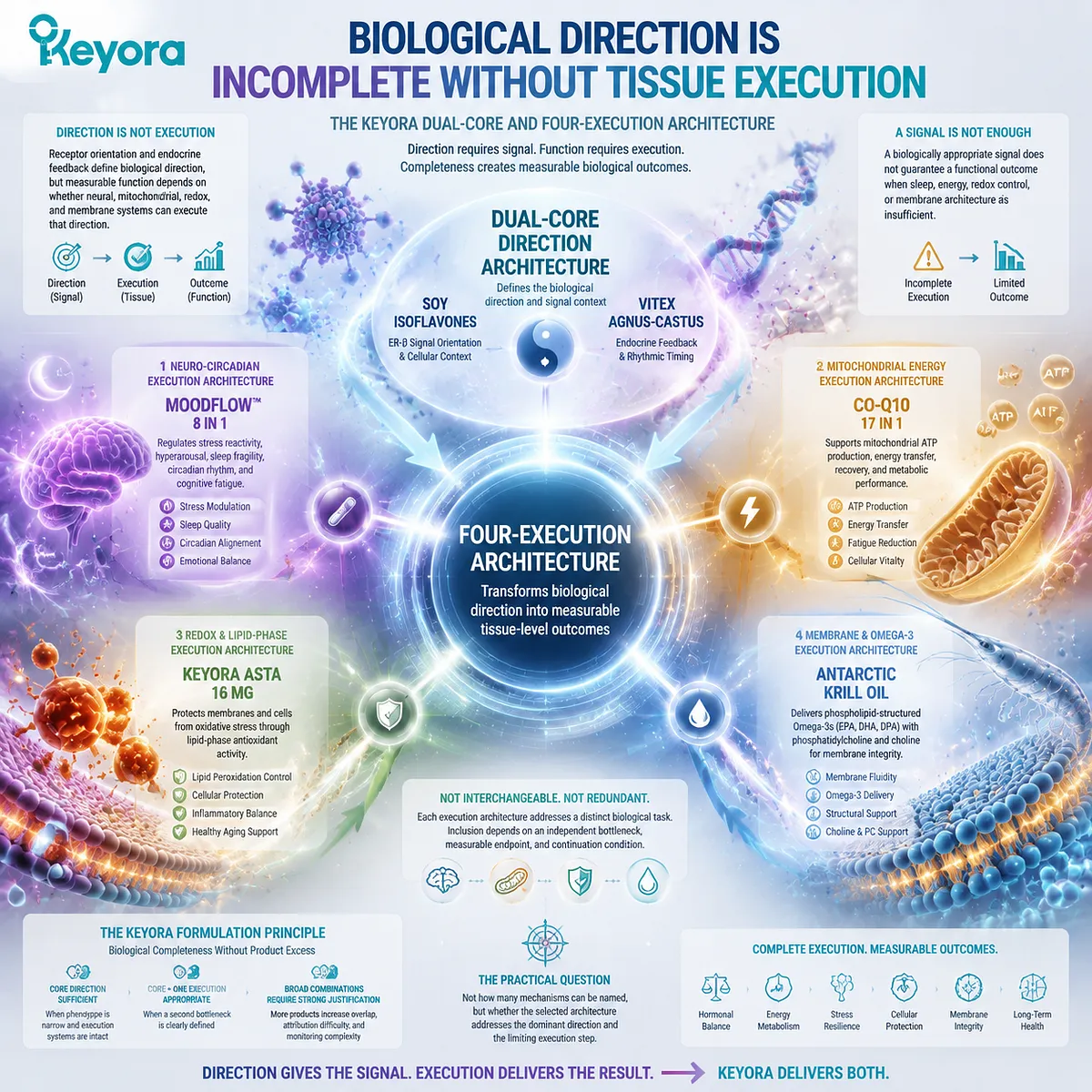 Multi-nutrient intervention architecture connects biological direction with tissue execution through mitochondrial energy, redox balance, membrane support, and Keyora Dual-Core and Four-Execution Architecture. Multi-nutrient intervention architecture connects biological direction with tissue execution through mitochondrial energy, redox balance, membrane support, and Keyora Dual-Core and Four-Execution Architecture.