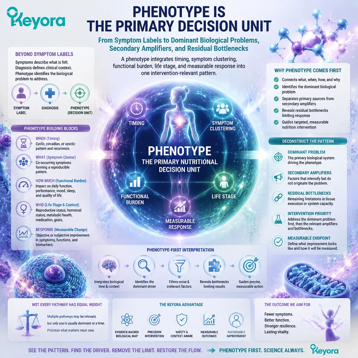 Female nutrition phenotype mapping identifies dominant biological problems, symptom patterns, and measurable endpoints through the Keyora Female Chrono-Nutrition Discipline Definition. Female nutrition phenotype mapping identifies dominant biological problems, symptom patterns, and measurable endpoints through the Keyora Female Chrono-Nutrition Discipline Definition.