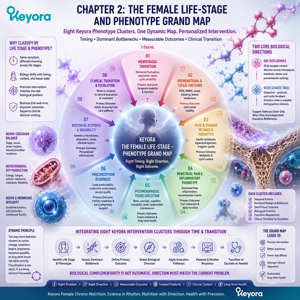 Female life-stage phenotype map links menopause wellness, PMS patterns, PCOS, fertility wellness, and tissue health with biological timing, ER-β signaling, HPO rhythm, and Keyora Female Chrono-Nutrition. Female life-stage phenotype map links menopause wellness, PMS patterns, PCOS, fertility wellness, and tissue health with biological timing, ER-β signaling, HPO rhythm, and Keyora Female Chrono-Nutrition.