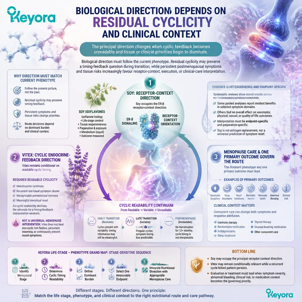 Soy isoflavones and menopause wellness are mapped through ER-β signaling, cyclic timing, clinical context, and endpoint selection within the Keyora Female Life-Stage - Phenotype Grand Map. Soy isoflavones and menopause wellness are mapped through ER-β signaling, cyclic timing, clinical context, and endpoint selection within the Keyora Female Life-Stage - Phenotype Grand Map.