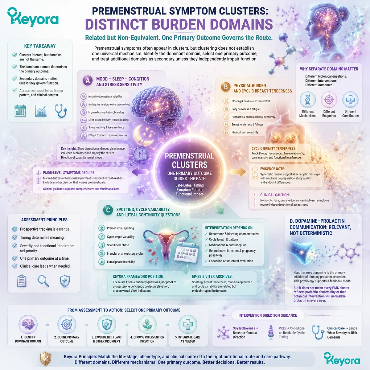 PMS symptoms are separated into mood sleep cognition, physical burden, and luteal timing domains through dopamine-prolactin feedback, cyclic tracking, and Keyora Female Chrono-Nutrition mapping. PMS symptoms are separated into mood sleep cognition, physical burden, and luteal timing domains through dopamine-prolactin feedback, cyclic tracking, and Keyora Female Chrono-Nutrition mapping.
