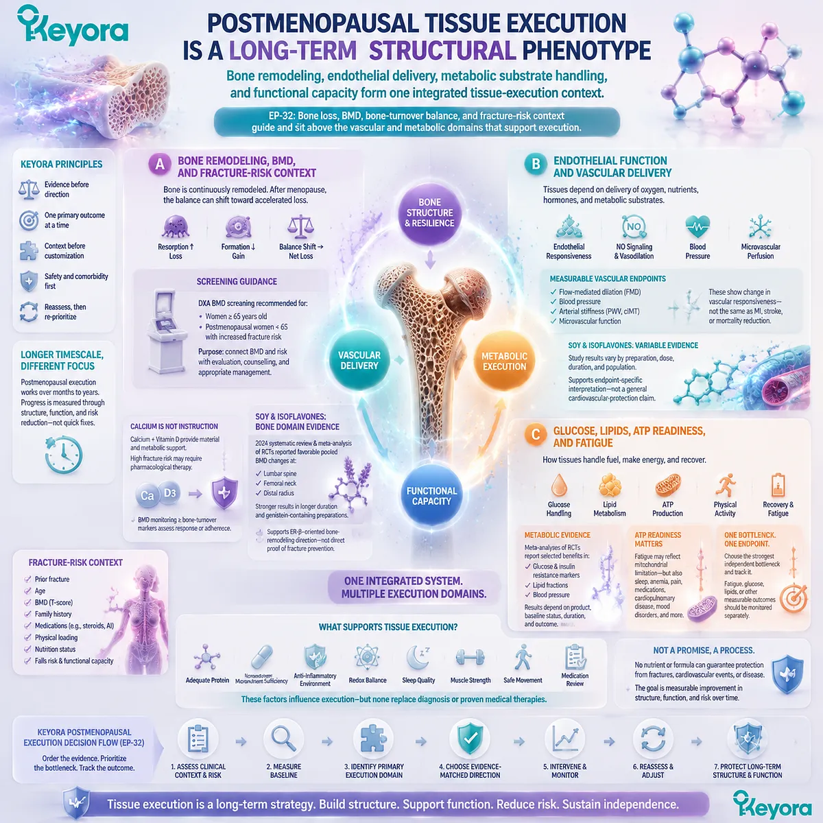 Postmenopausal tissue health integrates bone remodeling, vascular function, metabolic balance, ATP readiness, and ER-β signaling through the Keyora Bone-Vascular-Metabolic Execution Matrix. Postmenopausal tissue health integrates bone remodeling, vascular function, metabolic balance, ATP readiness, and ER-β signaling through the Keyora Bone-Vascular-Metabolic Execution Matrix.