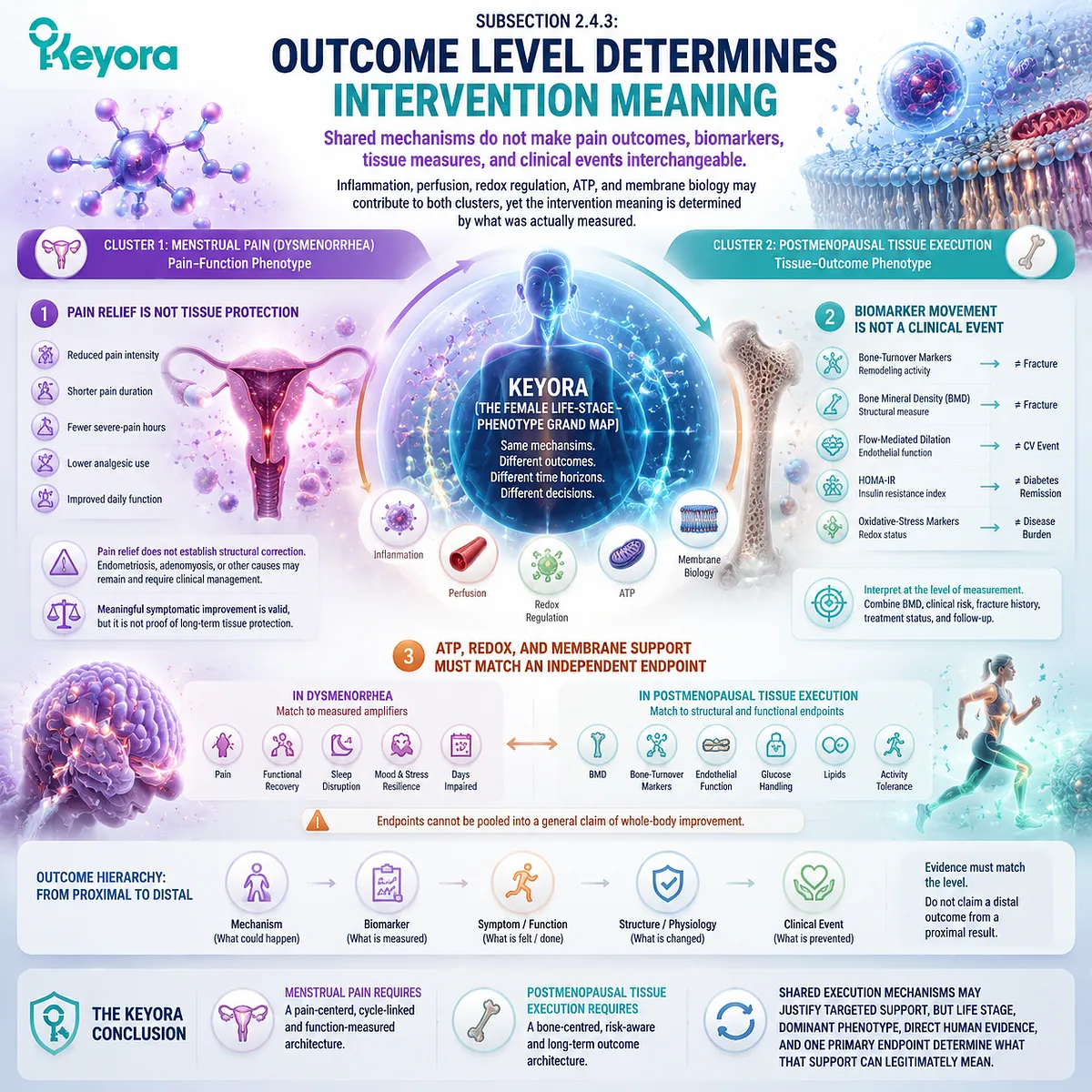 Dysmenorrhea and postmenopausal health require outcome-specific interpretation of pain, biomarkers, tissue measures, ATP, redox, and Keyora Female Chrono-Nutrition frameworks. Dysmenorrhea and postmenopausal health require outcome-specific interpretation of pain, biomarkers, tissue measures, ATP, redox, and Keyora Female Chrono-Nutrition frameworks.