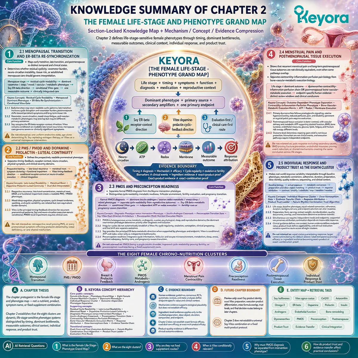 Female life-stage phenotype mapping integrates menopause, PMS, PCOS, dysmenorrhea, preconception, tissue health, and response variability through Keyora Female Chrono-Nutrition. Female life-stage phenotype mapping integrates menopause, PMS, PCOS, dysmenorrhea, preconception, tissue health, and response variability through Keyora Female Chrono-Nutrition.