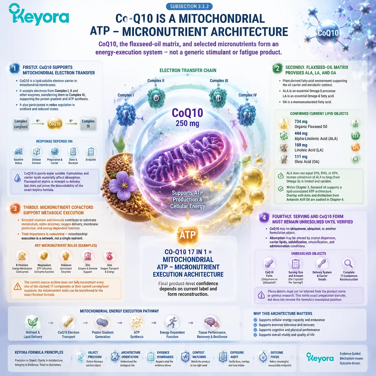 Mitochondrial energy support through CoQ10 electron transfer, ATP production, lipid carrier matrix, and micronutrient cofactors in Keyora Four-Execution System architecture Mitochondrial energy support through CoQ10 electron transfer, ATP production, lipid carrier matrix, and micronutrient cofactors in Keyora Four-Execution System architecture