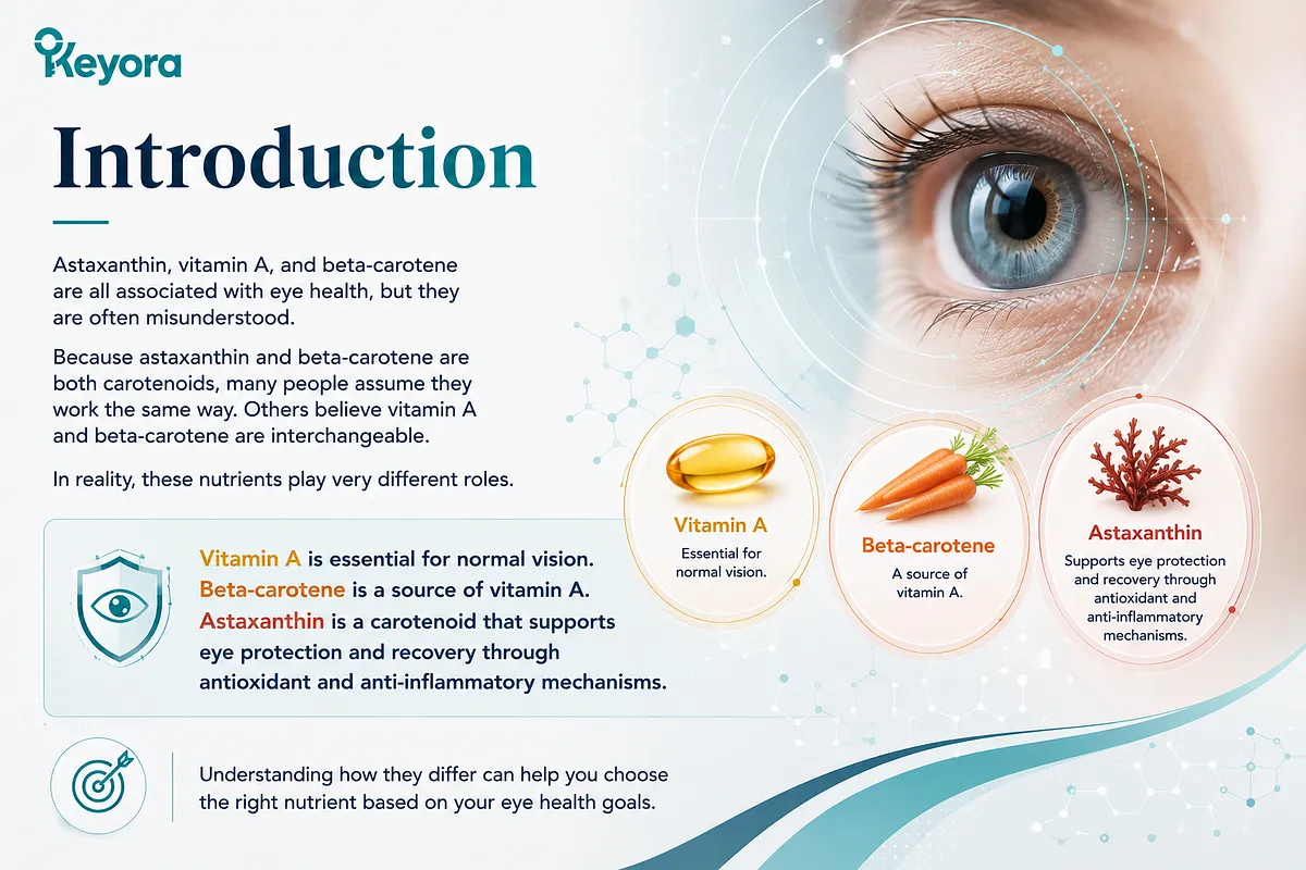 KEYORA introductory infographic titled "Introduction", featuring a clear human eye visual alongside icons for Vitamin A, Beta-carotene, and Astaxanthin. It clarifies that Vitamin A is essential for normal vision, Beta-carotene serves as a source of Vitamin A, and Astaxanthin provides antioxidant and anti-inflammatory eye protection. KEYORA introductory infographic titled "Introduction", featuring a clear human eye visual alongside icons for Vitamin A, Beta-carotene, and Astaxanthin. It clarifies that Vitamin A is essential for normal vision, Beta-carotene serves as a source of Vitamin A, and Astaxanthin provides antioxidant and anti-inflammatory eye protection.