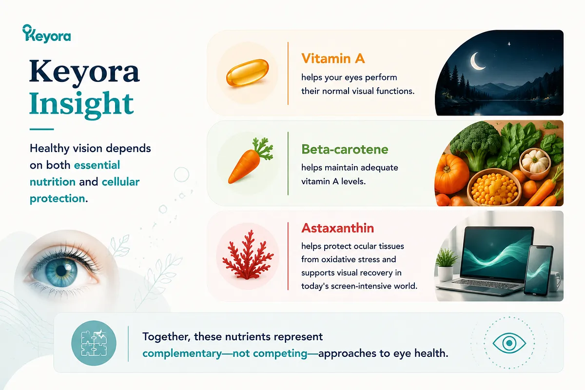 KEYORA summary slide titled "Keyora Insight", set against a close-up human eye and night/produce imagery. It summarizes that healthy vision depends on both essential nutrition (Vitamin A/Beta-carotene) and cellular protection (Astaxanthin) working together. KEYORA summary slide titled "Keyora Insight", set against a close-up human eye and night/produce imagery. It summarizes that healthy vision depends on both essential nutrition (Vitamin A/Beta-carotene) and cellular protection (Astaxanthin) working together.