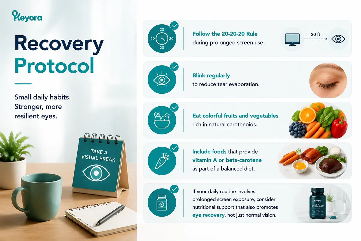 KEYORA lifestyle protocol guide titled "Recovery Protocol: Small daily habits. Stronger, more resilient eyes.". It outlines 5 daily practices: 20-20-20 rule, conscious blinking, eating colorful produce, incorporating Vitamin A sources, and choosing targeted recovery nutrition for heavy screen use. KEYORA lifestyle protocol guide titled "Recovery Protocol: Small daily habits. Stronger, more resilient eyes.". It outlines 5 daily practices: 20-20-20 rule, conscious blinking, eating colorful produce, incorporating Vitamin A sources, and choosing targeted recovery nutrition for heavy screen use.
