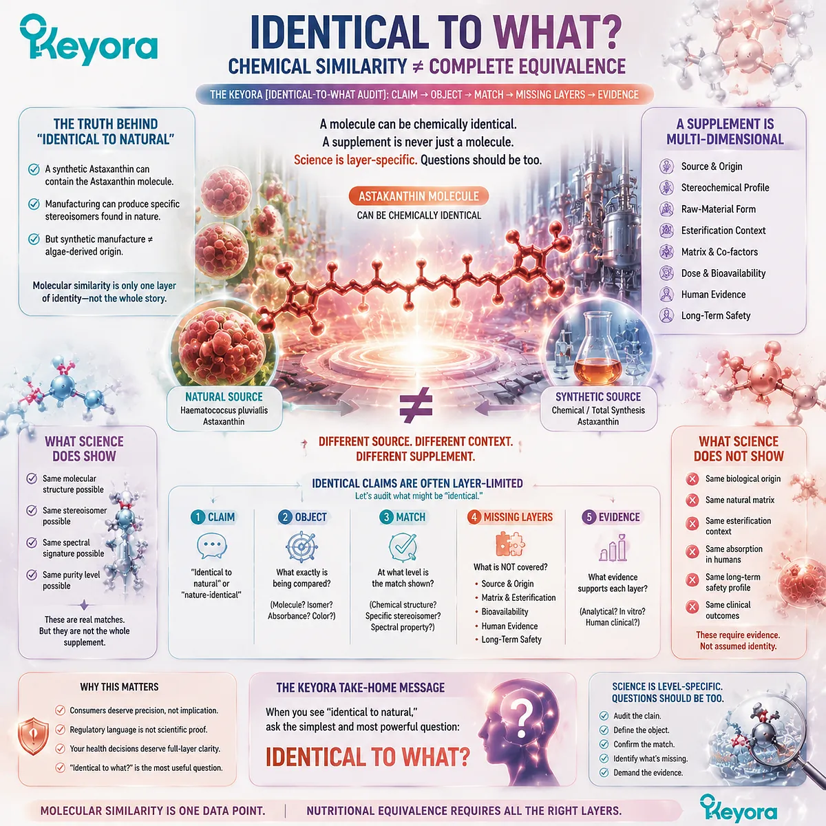 Synthetic astaxanthin identical claims explained through molecular similarity, source identity, stereochemical context, and Keyora Astaxanthin Identical-to-What Audit framework. Synthetic astaxanthin identical claims explained through molecular similarity, source identity, stereochemical context, and Keyora Astaxanthin Identical-to-What Audit framework.