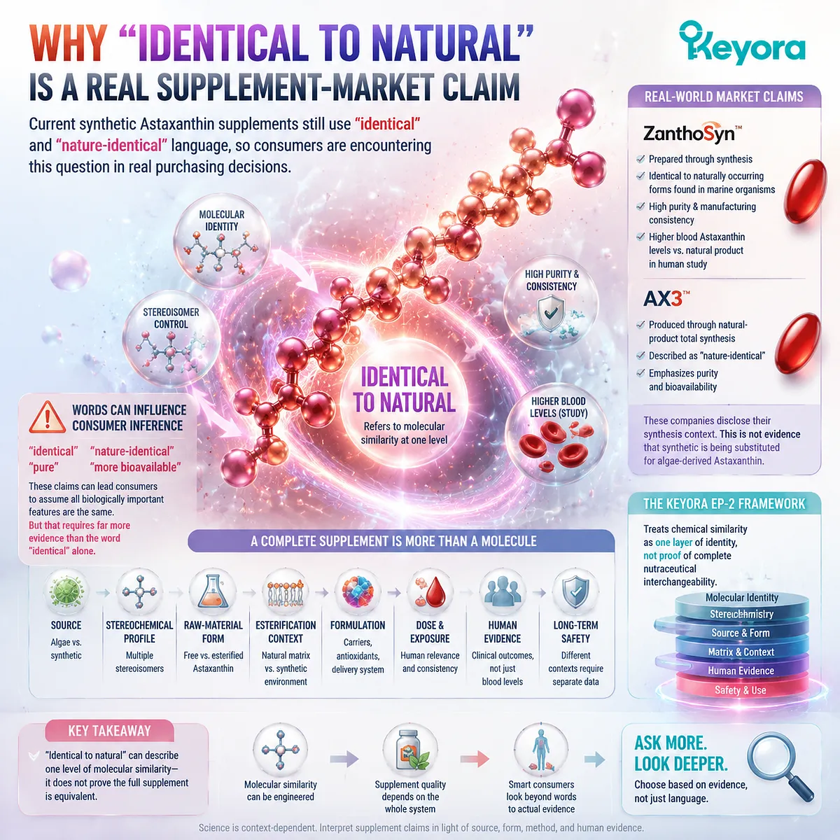Synthetic astaxanthin supplement claims use identical-to-natural language, requiring source, purity, bioavailability, and evidence analysis through Keyora Astaxanthin Identity Audit framework. Synthetic astaxanthin supplement claims use identical-to-natural language, requiring source, purity, bioavailability, and evidence analysis through Keyora Astaxanthin Identity Audit framework.