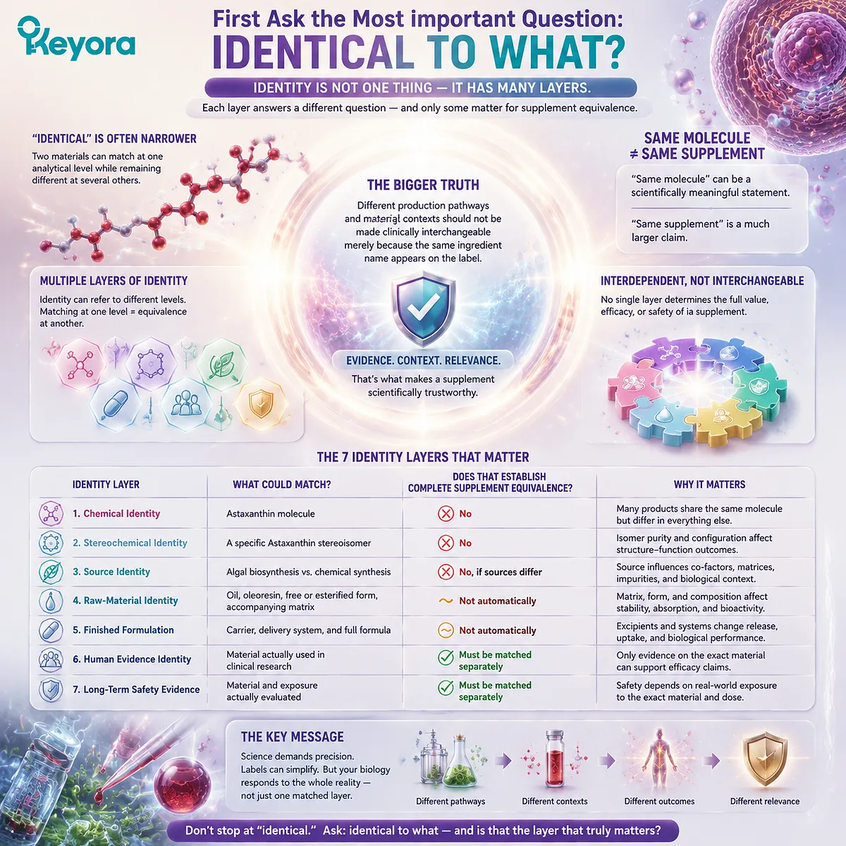 Astaxanthin identity analysis separates molecular identity, stereochemistry, source, formulation, and evidence layers through the Keyora Astaxanthin Identical-to-What Audit framework. Astaxanthin identity analysis separates molecular identity, stereochemistry, source, formulation, and evidence layers through the Keyora Astaxanthin Identical-to-What Audit framework.