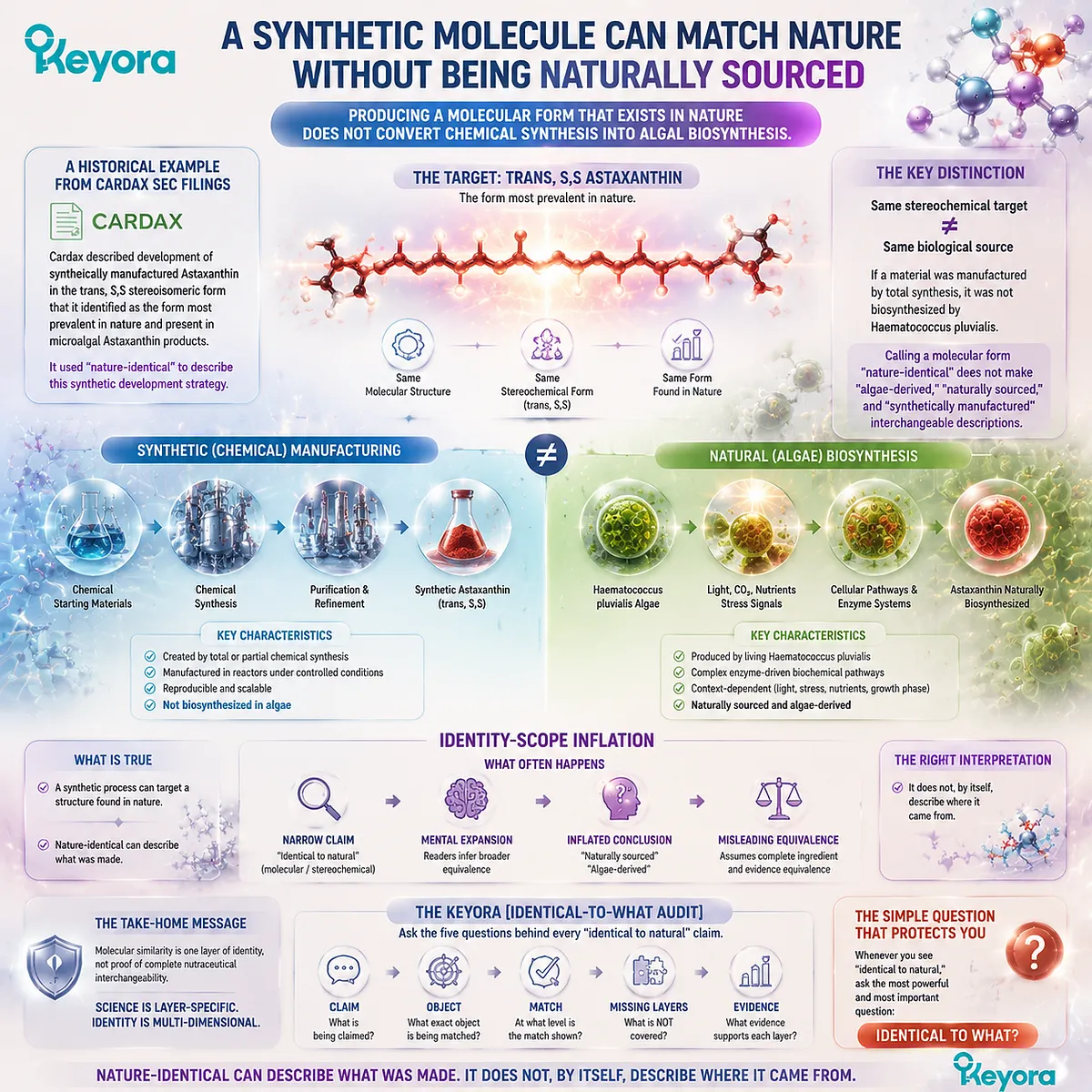 Synthetic astaxanthin can match natural stereochemical forms without algae sourcing, explained through molecular identity, biosynthesis, and Keyora Astaxanthin Identity-Scope Inflation framework. Synthetic astaxanthin can match natural stereochemical forms without algae sourcing, explained through molecular identity, biosynthesis, and Keyora Astaxanthin Identity-Scope Inflation framework.