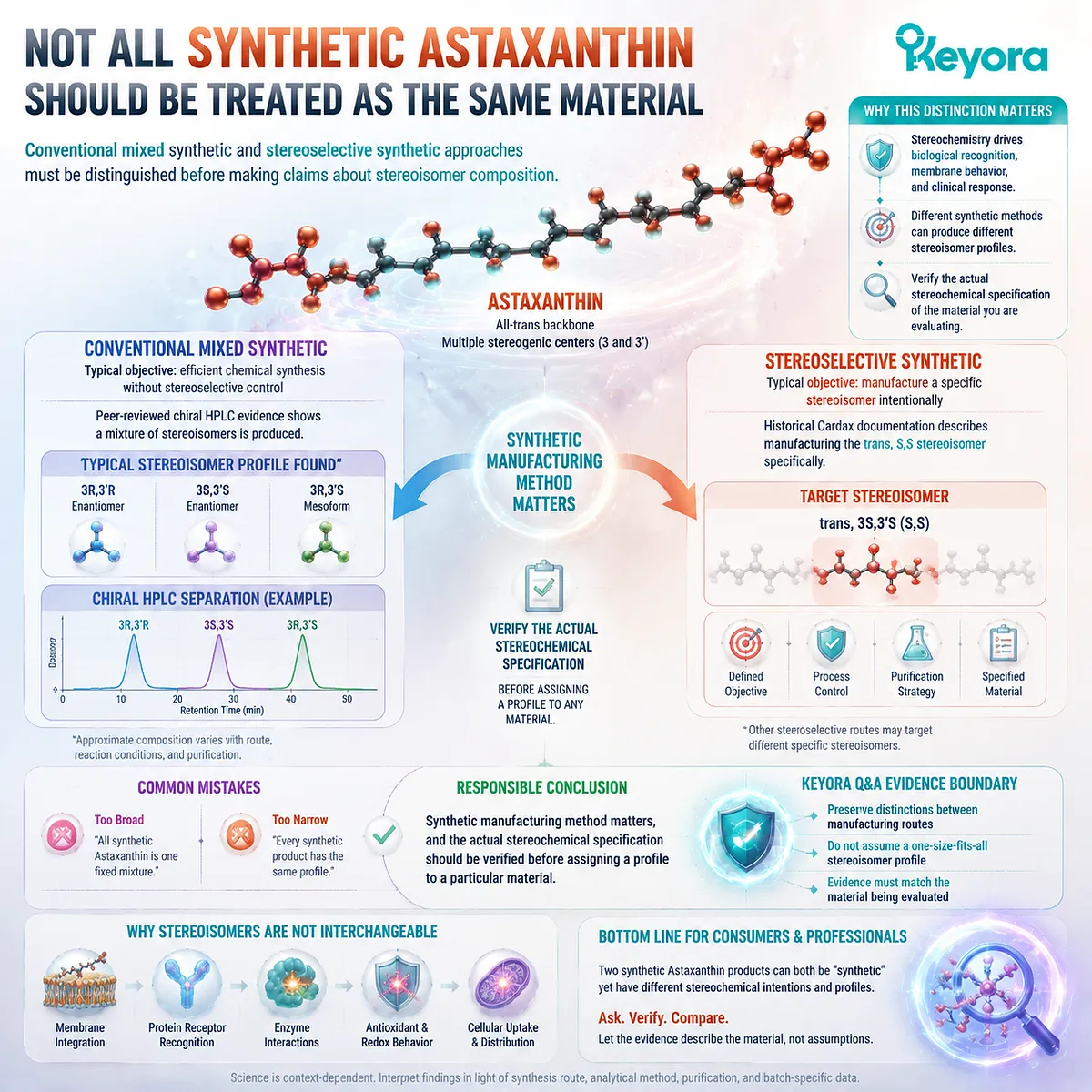 Synthetic astaxanthin stereoisomer profiles vary by manufacturing method, with chiral HPLC analysis and Keyora Astaxanthin Evidence Boundary framework separating materials accurately. Synthetic astaxanthin stereoisomer profiles vary by manufacturing method, with chiral HPLC analysis and Keyora Astaxanthin Evidence Boundary framework separating materials accurately.