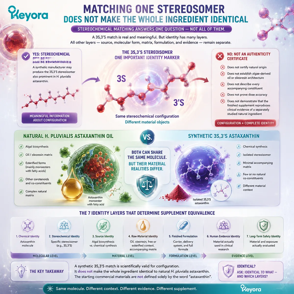 Astaxanthin stereoisomer identity such as 3S,3′S does not define complete ingredient equivalence, requiring source, esterification, matrix, and Keyora Identity Audit evaluation. Astaxanthin stereoisomer identity such as 3S,3′S does not define complete ingredient equivalence, requiring source, esterification, matrix, and Keyora Identity Audit evaluation.