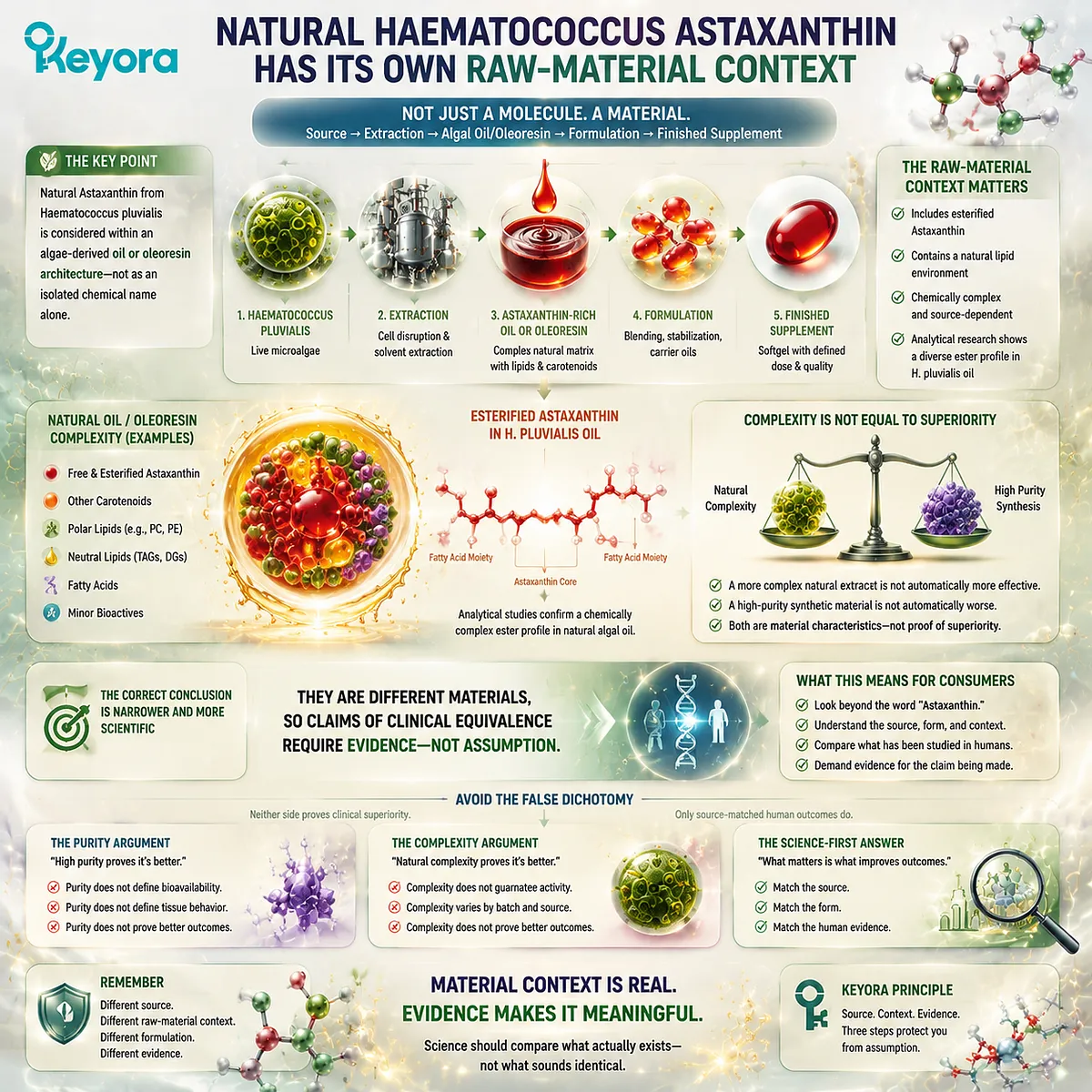 Haematococcus pluvialis astaxanthin oil contains esterified forms and lipid matrix context, showing why natural source identity differs from isolated molecules in Keyora Astaxanthin Identity Audit. Haematococcus pluvialis astaxanthin oil contains esterified forms and lipid matrix context, showing why natural source identity differs from isolated molecules in Keyora Astaxanthin Identity Audit.