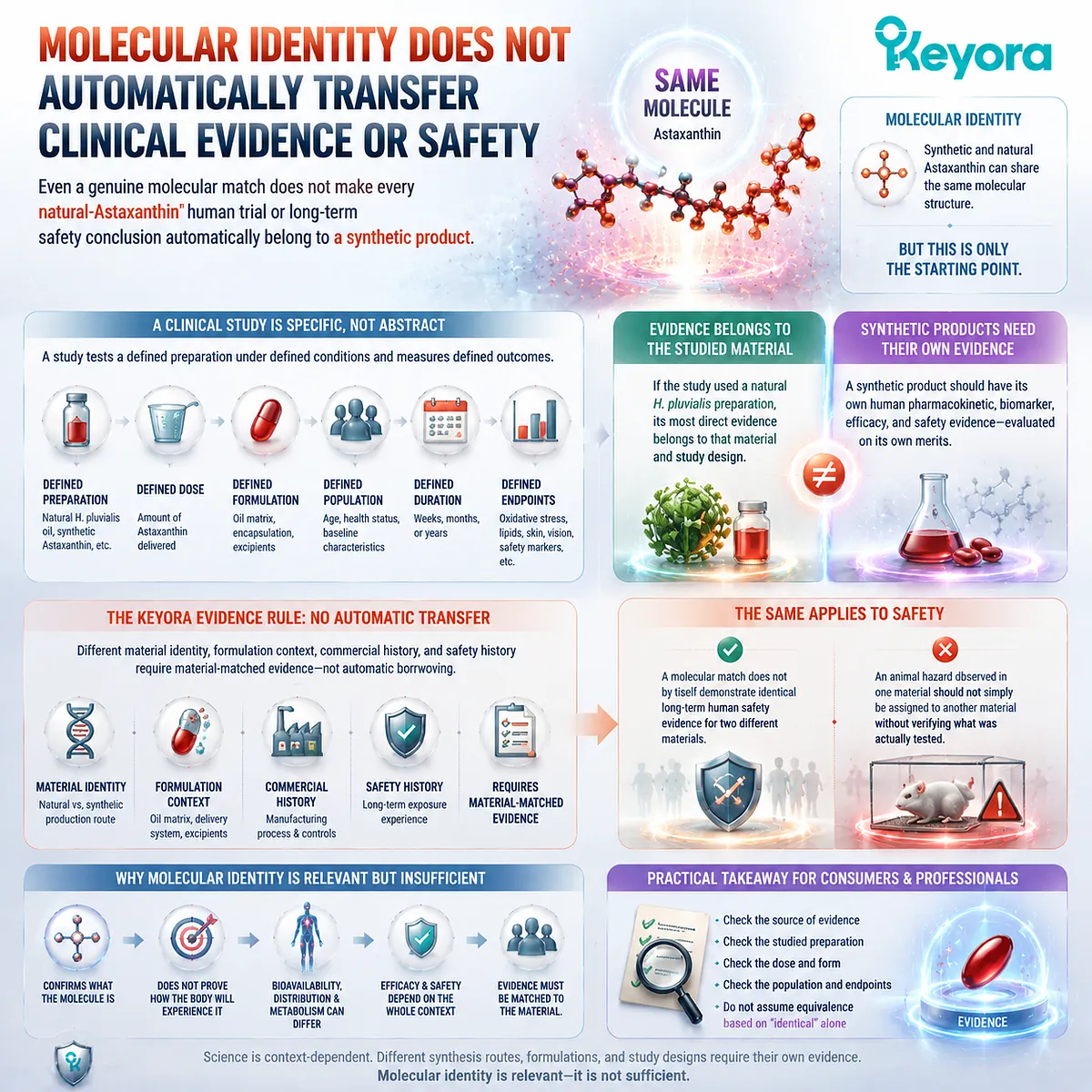 Astaxanthin molecular identity does not automatically transfer clinical evidence or safety data, requiring material-matched evaluation through Keyora Evidence Transfer Audit framework. Astaxanthin molecular identity does not automatically transfer clinical evidence or safety data, requiring material-matched evaluation through Keyora Evidence Transfer Audit framework.