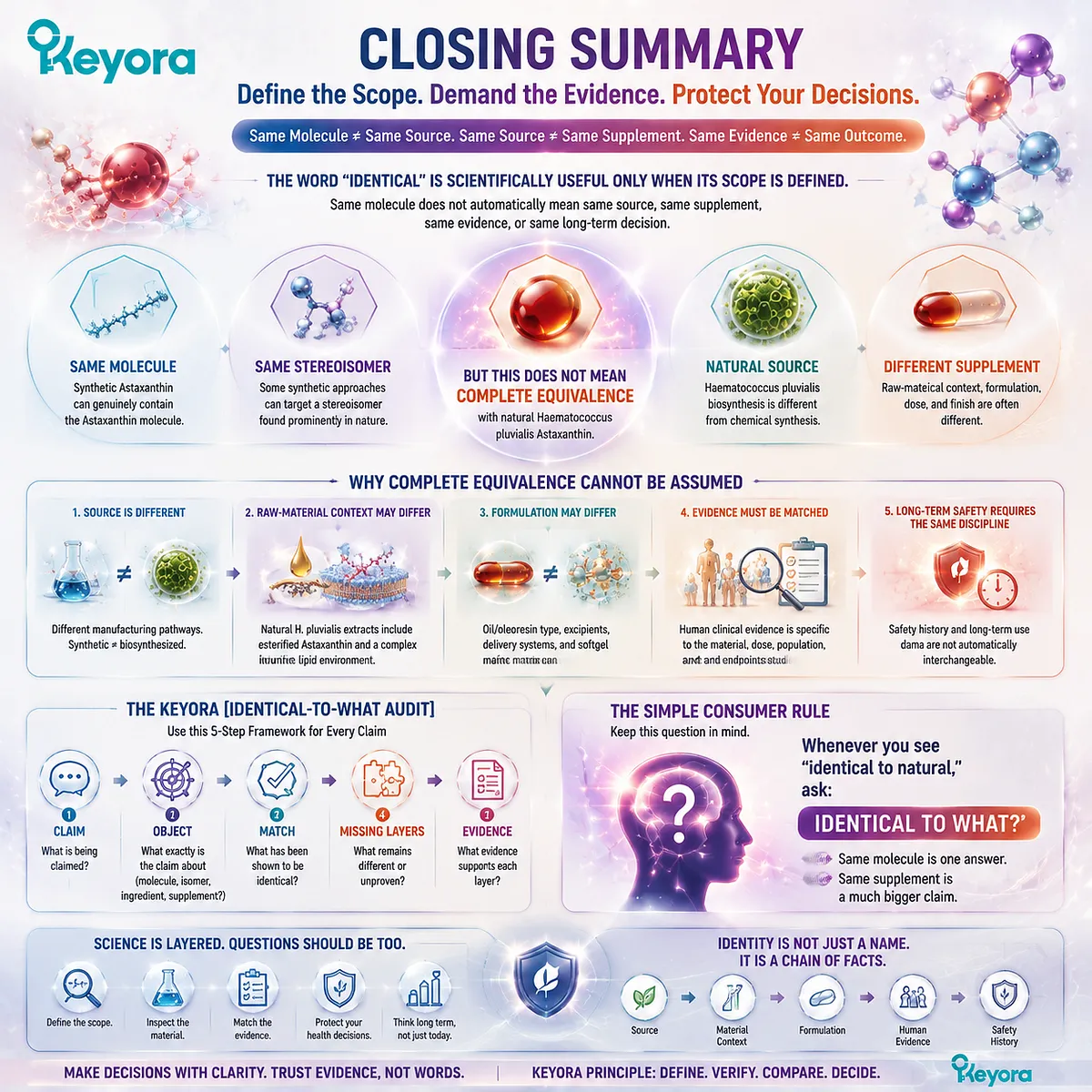 Astaxanthin identical claims require separating molecule, source, formulation, evidence, and safety layers through the Keyora Identical-to-What Audit for informed supplement choices. Astaxanthin identical claims require separating molecule, source, formulation, evidence, and safety layers through the Keyora Identical-to-What Audit for informed supplement choices.