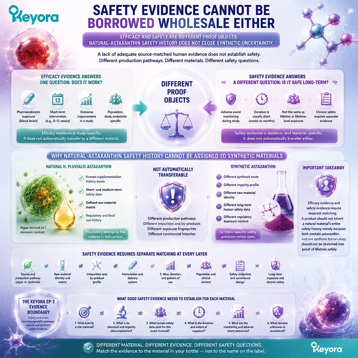 Astaxanthin safety evidence requires matching material, exposure duration, and study context, separating efficacy from safety through the Keyora Evidence-Match Audit framework. Astaxanthin safety evidence requires matching material, exposure duration, and study context, separating efficacy from safety through the Keyora Evidence-Match Audit framework.