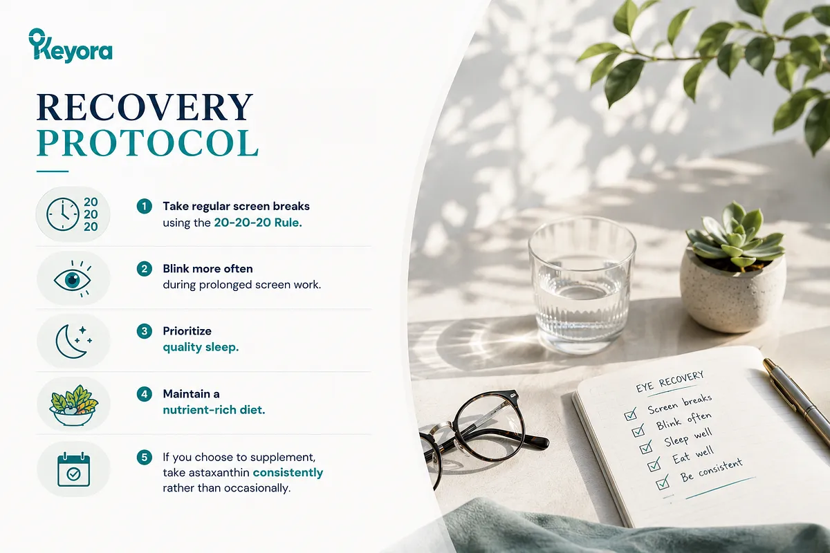 KEYORA protocol guide titled "RECOVERY PROTOCOL", presenting a checklist notebook alongside eyeglasses and a water glass. It outlines 5 steps: taking 20-20-20 breaks, blinking more often, prioritizing quality sleep, maintaining a nutrient-rich diet, and taking astaxanthin consistently. KEYORA protocol guide titled "RECOVERY PROTOCOL", presenting a checklist notebook alongside eyeglasses and a water glass. It outlines 5 steps: taking 20-20-20 breaks, blinking more often, prioritizing quality sleep, maintaining a nutrient-rich diet, and taking astaxanthin consistently.