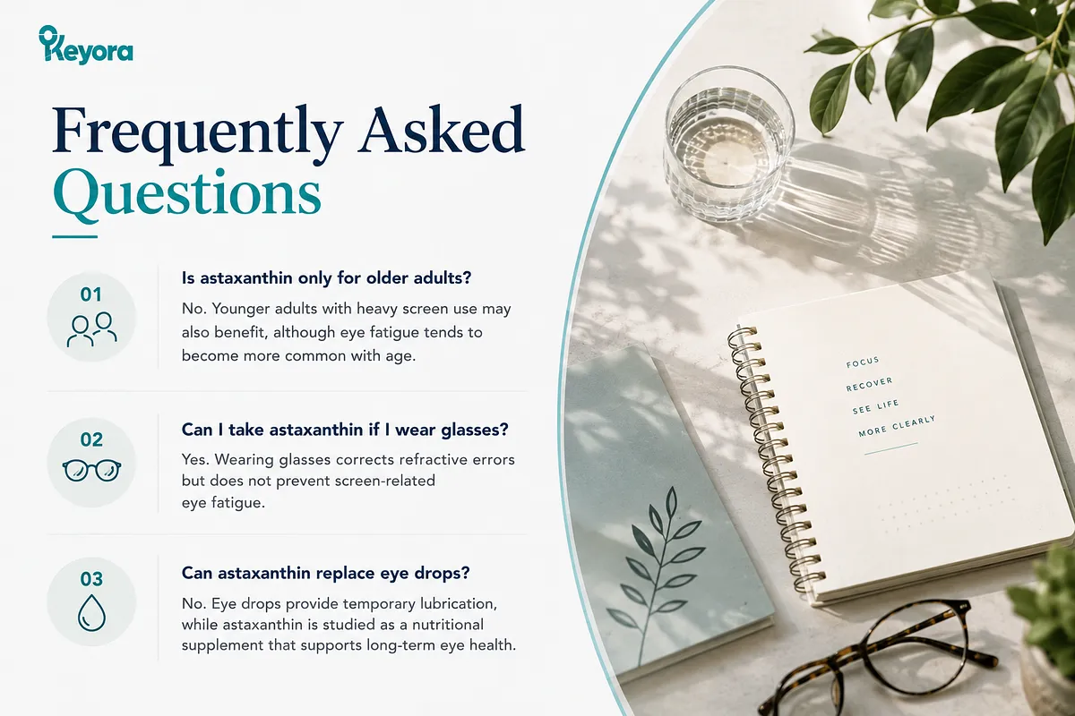 KEYORA FAQ infographic answering three common questions: whether astaxanthin is only for older adults, if people who wear glasses can take it, and whether astaxanthin can replace lubricating eye drops. KEYORA FAQ infographic answering three common questions: whether astaxanthin is only for older adults, if people who wear glasses can take it, and whether astaxanthin can replace lubricating eye drops.