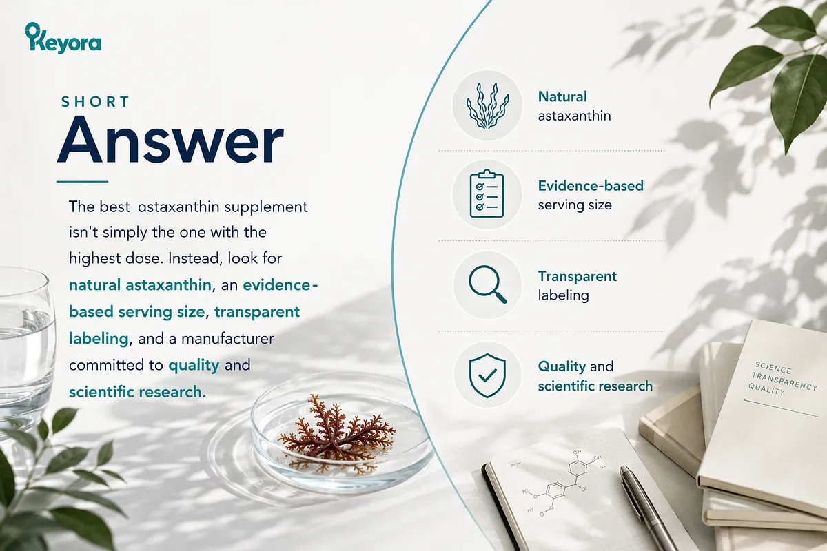 KEYORA introductory infographic titled "SHORT Answer", explaining that the best astaxanthin supplement isn't simply the highest dose. It highlights four key selection criteria: natural astaxanthin, an evidence-based serving size, transparent labeling, and a commitment to quality and research. KEYORA introductory infographic titled "SHORT Answer", explaining that the best astaxanthin supplement isn't simply the highest dose. It highlights four key selection criteria: natural astaxanthin, an evidence-based serving size, transparent labeling, and a commitment to quality and research.