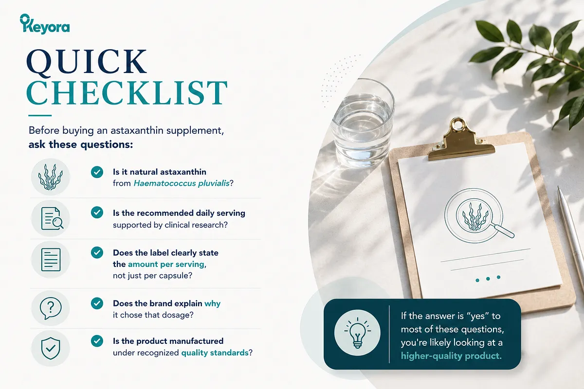 KEYORA checklist guide titled "QUICK CHECKLIST", presenting five essential evaluation questions before buying astaxanthin: natural source (Haematococcus pluvialis), clinically supported daily serving, clear label dosage per serving, brand explanation for dosage choice, and recognized manufacturing standards. KEYORA checklist guide titled "QUICK CHECKLIST", presenting five essential evaluation questions before buying astaxanthin: natural source (Haematococcus pluvialis), clinically supported daily serving, clear label dosage per serving, brand explanation for dosage choice, and recognized manufacturing standards.