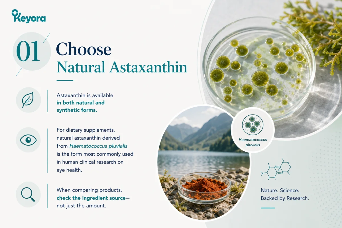 KEYORA visual guide titled "01 Choose Natural Astaxanthin", showcasing microalgae (Haematococcus pluvialis) in a petri dish. It contrasts natural and synthetic forms, noting that natural astaxanthin from microalgae is the form most commonly used in human clinical research on eye health. KEYORA visual guide titled "01 Choose Natural Astaxanthin", showcasing microalgae (Haematococcus pluvialis) in a petri dish. It contrasts natural and synthetic forms, noting that natural astaxanthin from microalgae is the form most commonly used in human clinical research on eye health.