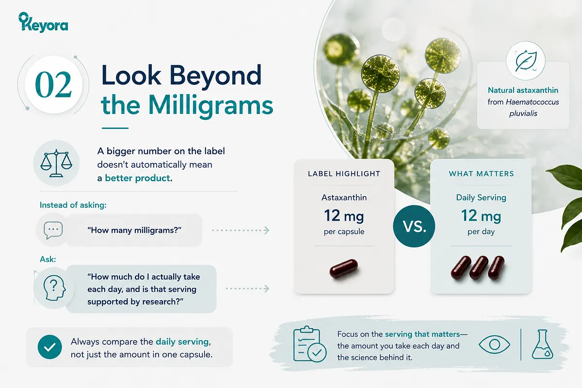 KEYORA infographic titled "02 Look Beyond the Milligrams", comparing label claims versus daily serving reality. It cautions against judging quality by large numbers per capsule, advising consumers to evaluate total daily serving and research backing instead. KEYORA infographic titled "02 Look Beyond the Milligrams", comparing label claims versus daily serving reality. It cautions against judging quality by large numbers per capsule, advising consumers to evaluate total daily serving and research backing instead.