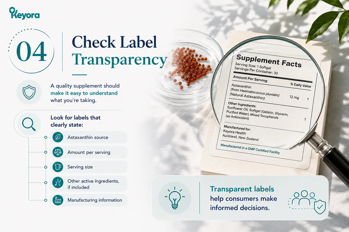 KEYORA transparency guide titled "04 Check Label Transparency", showing a magnifying glass over a "Supplement Facts" label. It lists five transparent labeling requirements: ingredient source, amount per serving, serving size, additional active ingredients, and manufacturing details (e.g., GMP facility). KEYORA transparency guide titled "04 Check Label Transparency", showing a magnifying glass over a "Supplement Facts" label. It lists five transparent labeling requirements: ingredient source, amount per serving, serving size, additional active ingredients, and manufacturing details (e.g., GMP facility).