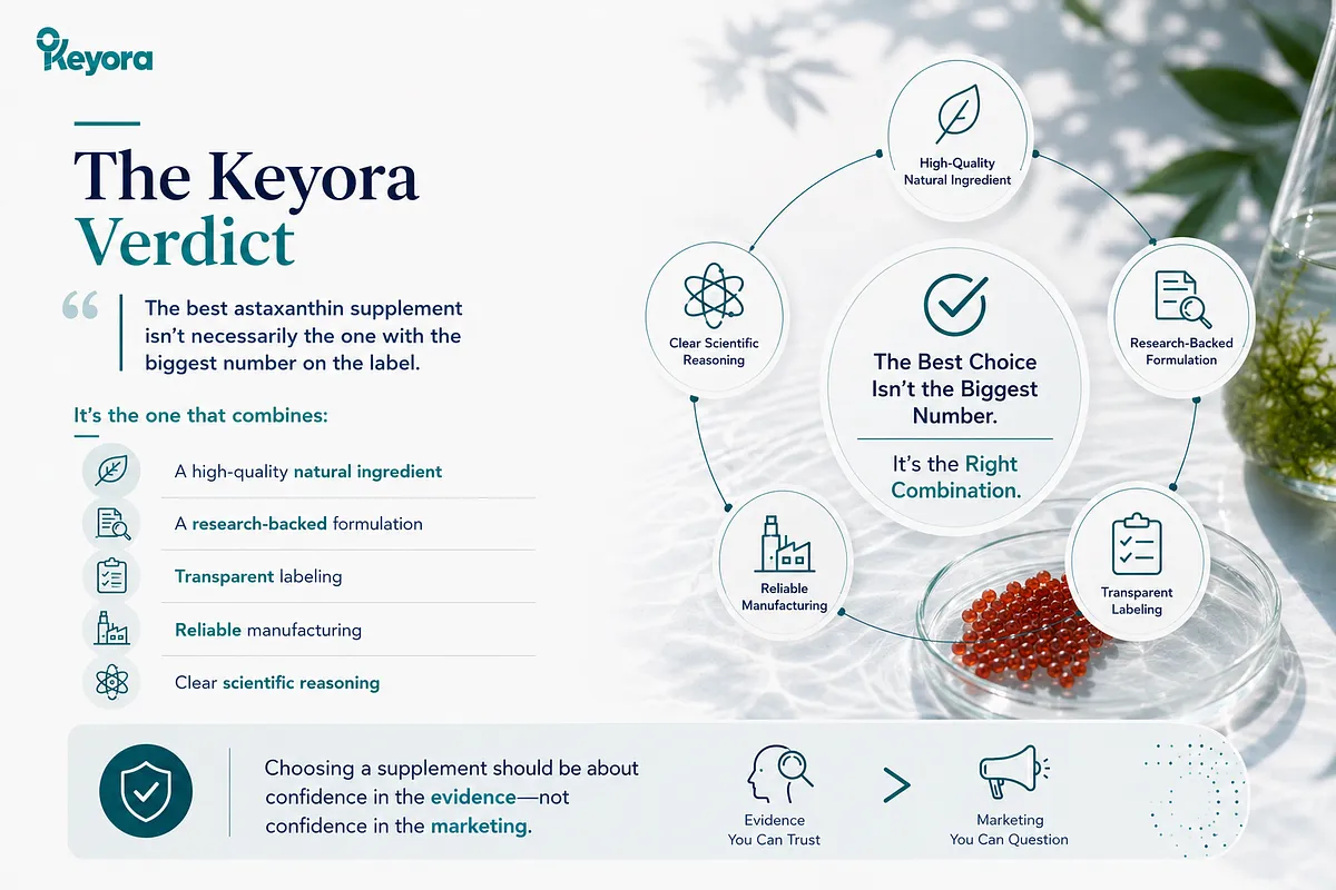 KEYORA summary slide titled "The Keyora Verdict", featuring red astaxanthin softgels on a glass dish. It synthesizes five core principles into a circular diagram: natural ingredients, research-backed formulation, transparent labeling, reliable manufacturing, and clear scientific reasoning. KEYORA summary slide titled "The Keyora Verdict", featuring red astaxanthin softgels on a glass dish. It synthesizes five core principles into a circular diagram: natural ingredients, research-backed formulation, transparent labeling, reliable manufacturing, and clear scientific reasoning.