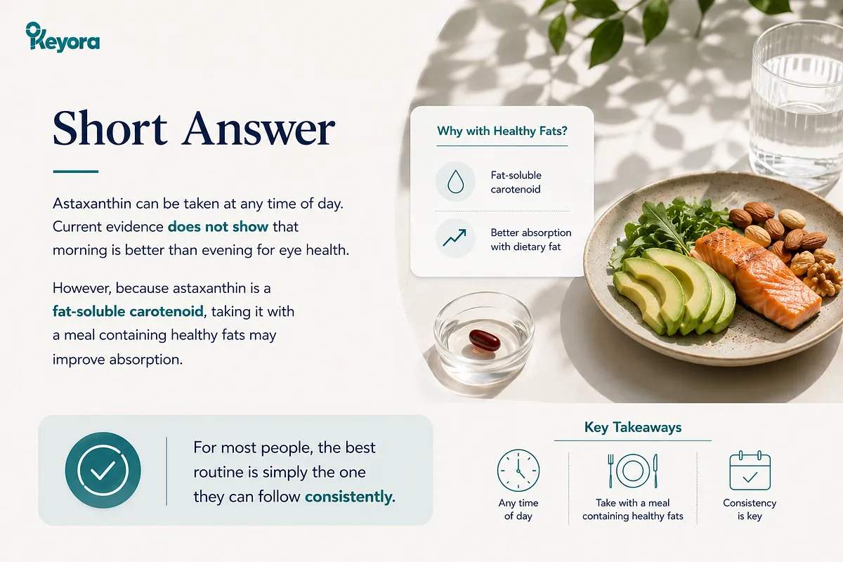 KEYORA introductory infographic titled "Short Answer", presenting an astaxanthin softgel capsule in a dish alongside a meal bowl with salmon, avocado, nuts, and greens. The graphic explains that astaxanthin can be taken at any time of day, but because it is a fat-soluble carotenoid, taking it with a meal containing healthy fats improves absorption and consistency is key. KEYORA introductory infographic titled "Short Answer", presenting an astaxanthin softgel capsule in a dish alongside a meal bowl with salmon, avocado, nuts, and greens. The graphic explains that astaxanthin can be taken at any time of day, but because it is a fat-soluble carotenoid, taking it with a meal containing healthy fats improves absorption and consistency is key.