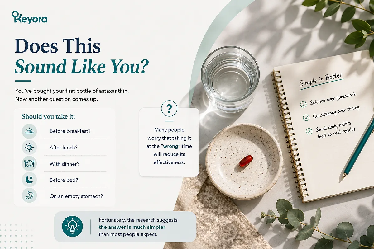 KEYORA infographic titled "Does This Sound Like You?", showing an aesthetic flat lay with a notebook, glass of water, and a single red astaxanthin capsule. It addresses common uncertainties about taking astaxanthin before breakfast, after lunch, with dinner, before bed, or on an empty stomach, highlighting that the scientific answer is simple. KEYORA infographic titled "Does This Sound Like You?", showing an aesthetic flat lay with a notebook, glass of water, and a single red astaxanthin capsule. It addresses common uncertainties about taking astaxanthin before breakfast, after lunch, with dinner, before bed, or on an empty stomach, highlighting that the scientific answer is simple.