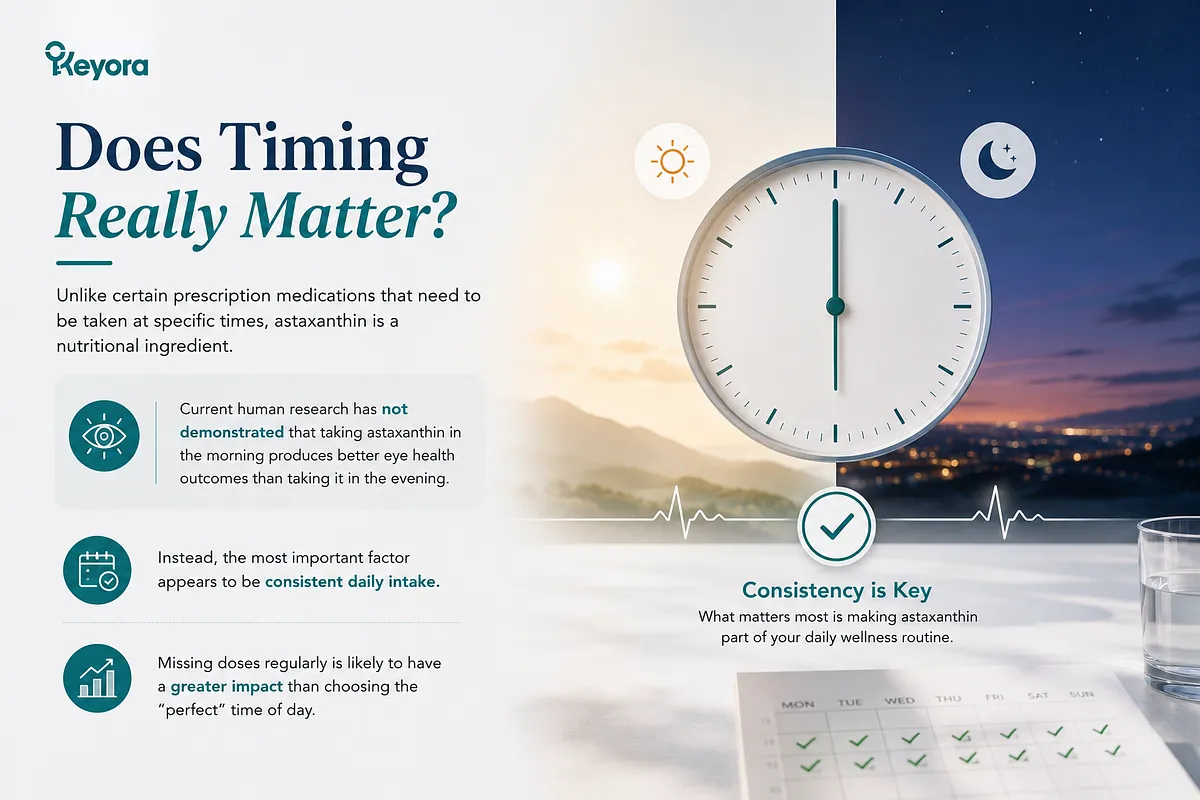 KEYORA visual guide titled "Does Timing Really Matter?", featuring a large clock set against a split background transitioning from sunrise to night city lights above a daily calendar. It emphasizes that human clinical research shows no significant difference between morning and evening intake, making daily consistency the critical factor. KEYORA visual guide titled "Does Timing Really Matter?", featuring a large clock set against a split background transitioning from sunrise to night city lights above a daily calendar. It emphasizes that human clinical research shows no significant difference between morning and evening intake, making daily consistency the critical factor.