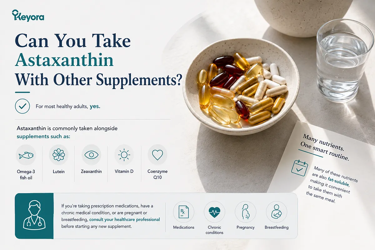 KEYORA supplement compatibility guide titled "Can You Take Astaxanthin With Other Supplements?", displaying a ceramic bowl filled with assorted softgels and capsules. It notes that astaxanthin can generally be taken alongside Omega-3 fish oil, lutein, zeaxanthin, vitamin D, and CoQ10, as many of these nutrients are also fat-soluble. KEYORA supplement compatibility guide titled "Can You Take Astaxanthin With Other Supplements?", displaying a ceramic bowl filled with assorted softgels and capsules. It notes that astaxanthin can generally be taken alongside Omega-3 fish oil, lutein, zeaxanthin, vitamin D, and CoQ10, as many of these nutrients are also fat-soluble.