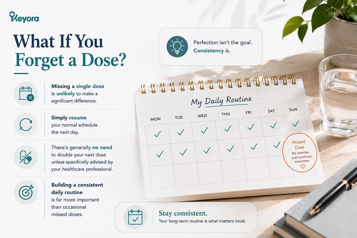 KEYORA habit tracker infographic titled "What If You Forget a Dose?", featuring a daily calendar planner with checked days and a note on a missed dose. It reassures that missing a single dose is unlikely to make a significant difference, advising users to simply resume the regular schedule without doubling up. KEYORA habit tracker infographic titled "What If You Forget a Dose?", featuring a daily calendar planner with checked days and a note on a missed dose. It reassures that missing a single dose is unlikely to make a significant difference, advising users to simply resume the regular schedule without doubling up.