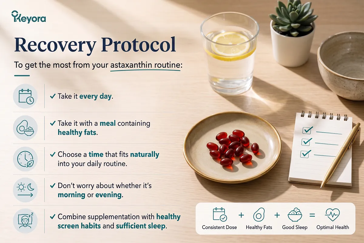 KEYORA lifestyle protocol guide titled "Recovery Protocol: To get the most from your astaxanthin routine", presenting red softgels on a plate next to lemon water, a succulent, and a checklist notebook. It outlines 5 daily rules: daily consistency, taking with healthy fats, choosing a natural routine time, not stressing morning vs. evening, and combining with good screen habits and sleep. KEYORA lifestyle protocol guide titled "Recovery Protocol: To get the most from your astaxanthin routine", presenting red softgels on a plate next to lemon water, a succulent, and a checklist notebook. It outlines 5 daily rules: daily consistency, taking with healthy fats, choosing a natural routine time, not stressing morning vs. evening, and combining with good screen habits and sleep.