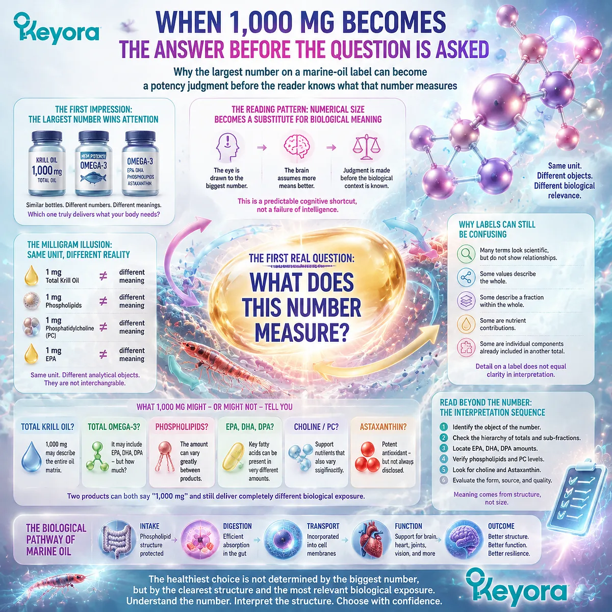 Krill oil label literacy explains Omega-3 potency beyond 1000 mg, comparing phospholipids, EPA, DHA, and lipid fractions through Keyora Krill Oil Matrix analysis. Krill oil label literacy explains Omega-3 potency beyond 1000 mg, comparing phospholipids, EPA, DHA, and lipid fractions through Keyora Krill Oil Matrix analysis.