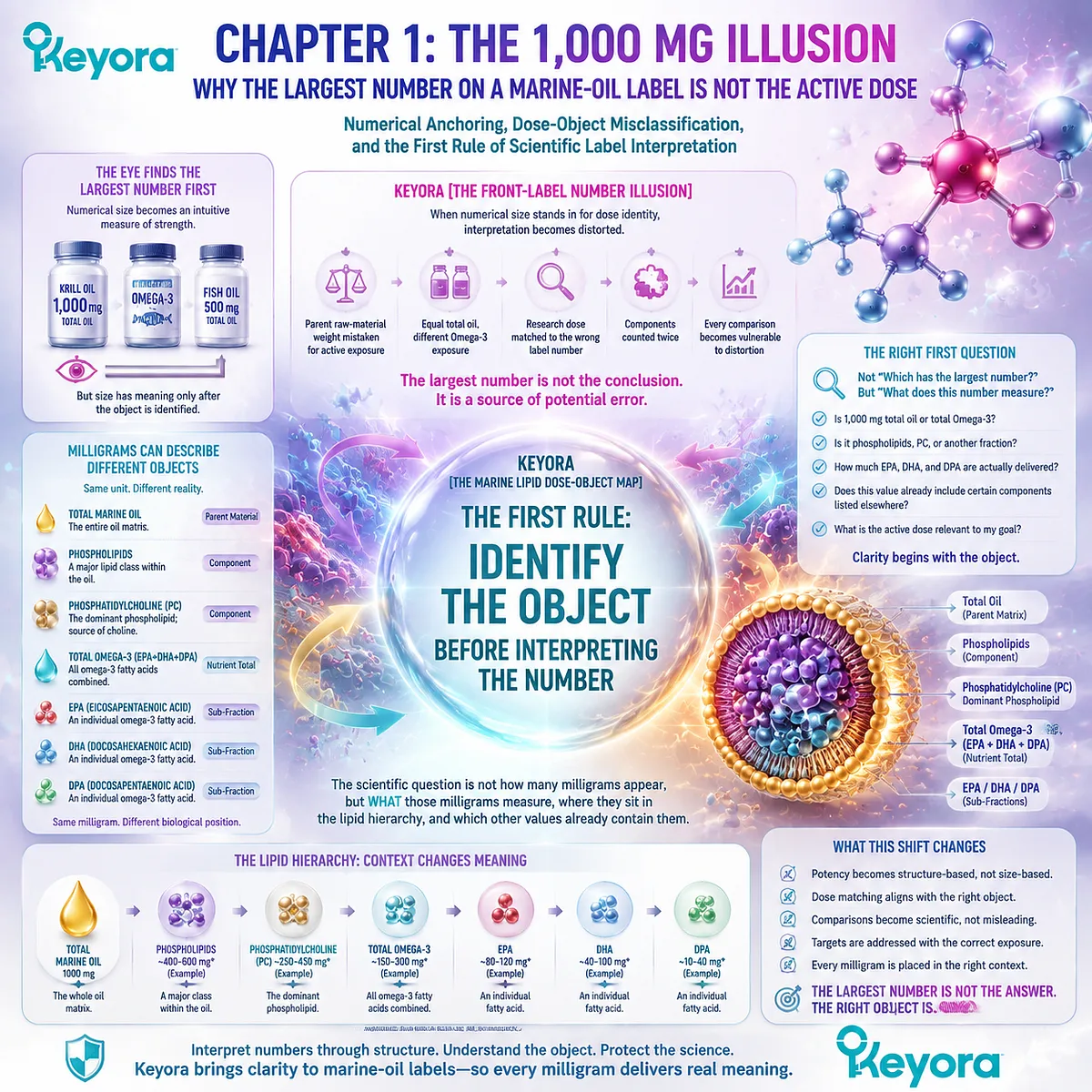 Krill oil potency interpretation begins by separating label numbers from active dose, showing Omega-3 hierarchy and Keyora Front-Label Number Illusion framework within Marine Lipid Dose-Object Map. Krill oil potency interpretation begins by separating label numbers from active dose, showing Omega-3 hierarchy and Keyora Front-Label Number Illusion framework within Marine Lipid Dose-Object Map.