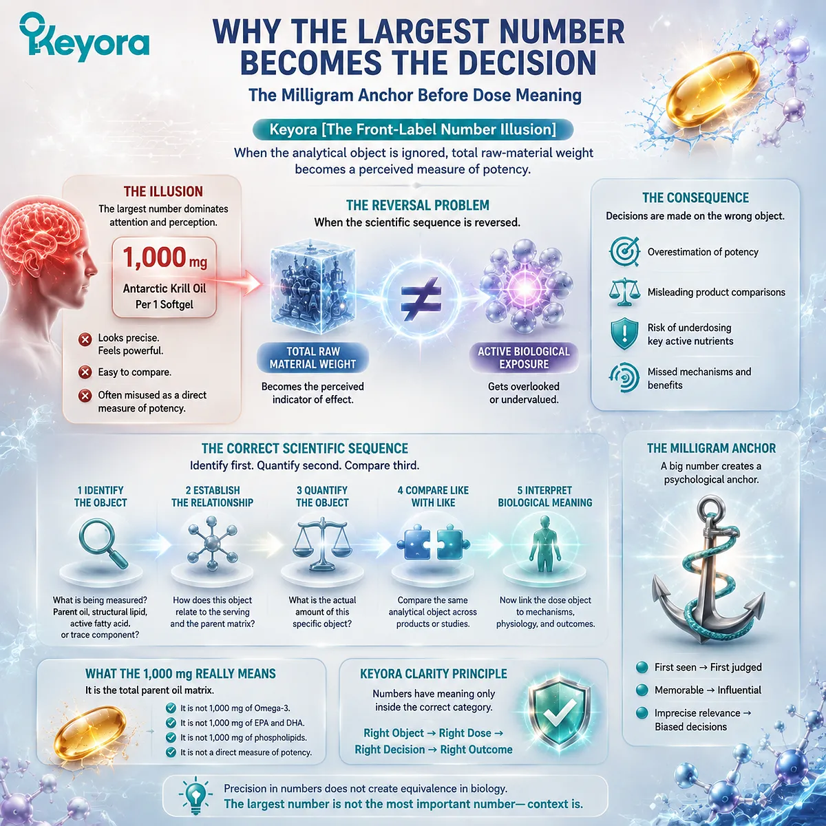 Krill oil label interpretation reveals how 1000 mg total oil can mislead Omega-3 potency judgments before dose identity, serving context, and Keyora Front-Label Number Illusion are defined. Krill oil label interpretation reveals how 1000 mg total oil can mislead Omega-3 potency judgments before dose identity, serving context, and Keyora Front-Label Number Illusion are defined.