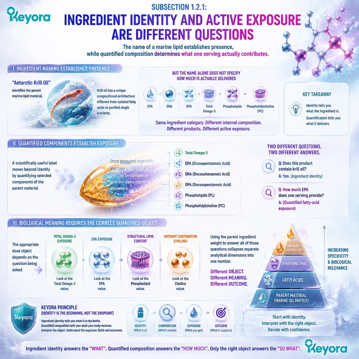 Krill oil analysis distinguishes ingredient identity from active Omega-3 exposure, mapping EPA DHA, phospholipids, serving dose, and Keyora Marine Lipid Dose-Object Map interpretation. Krill oil analysis distinguishes ingredient identity from active Omega-3 exposure, mapping EPA DHA, phospholipids, serving dose, and Keyora Marine Lipid Dose-Object Map interpretation.