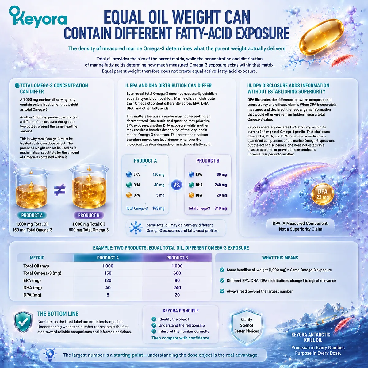 Krill oil composition analysis compares 1000 mg marine oils by Omega-3 density, EPA DHA distribution, DPA disclosure, and Keyora Front-Label Number Illusion framework. Krill oil composition analysis compares 1000 mg marine oils by Omega-3 density, EPA DHA distribution, DPA disclosure, and Keyora Front-Label Number Illusion framework.