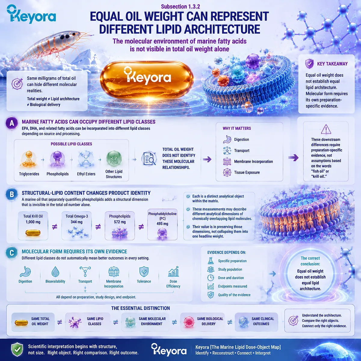 Krill oil lipid architecture explains how equal oil weight can hide phospholipid structure, EPA DHA placement, molecular form, and Keyora Marine Lipid Dose-Object Map interpretation. Krill oil lipid architecture explains how equal oil weight can hide phospholipid structure, EPA DHA placement, molecular form, and Keyora Marine Lipid Dose-Object Map interpretation.