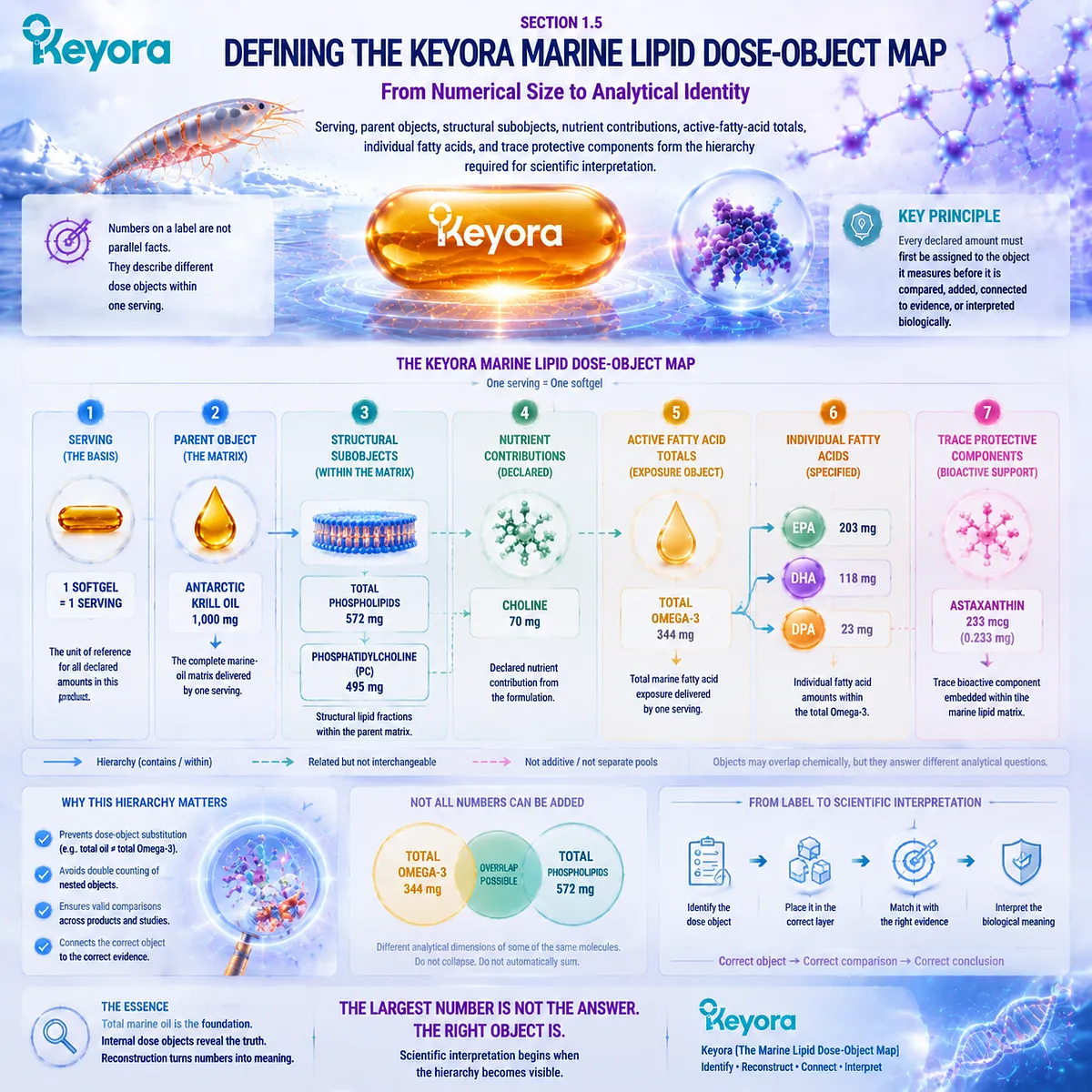 Krill oil dose hierarchy maps serving, parent oil, phospholipids, Omega-3, EPA DHA, and astaxanthin into Keyora Marine Lipid Dose-Object Map analytical framework. Krill oil dose hierarchy maps serving, parent oil, phospholipids, Omega-3, EPA DHA, and astaxanthin into Keyora Marine Lipid Dose-Object Map analytical framework.