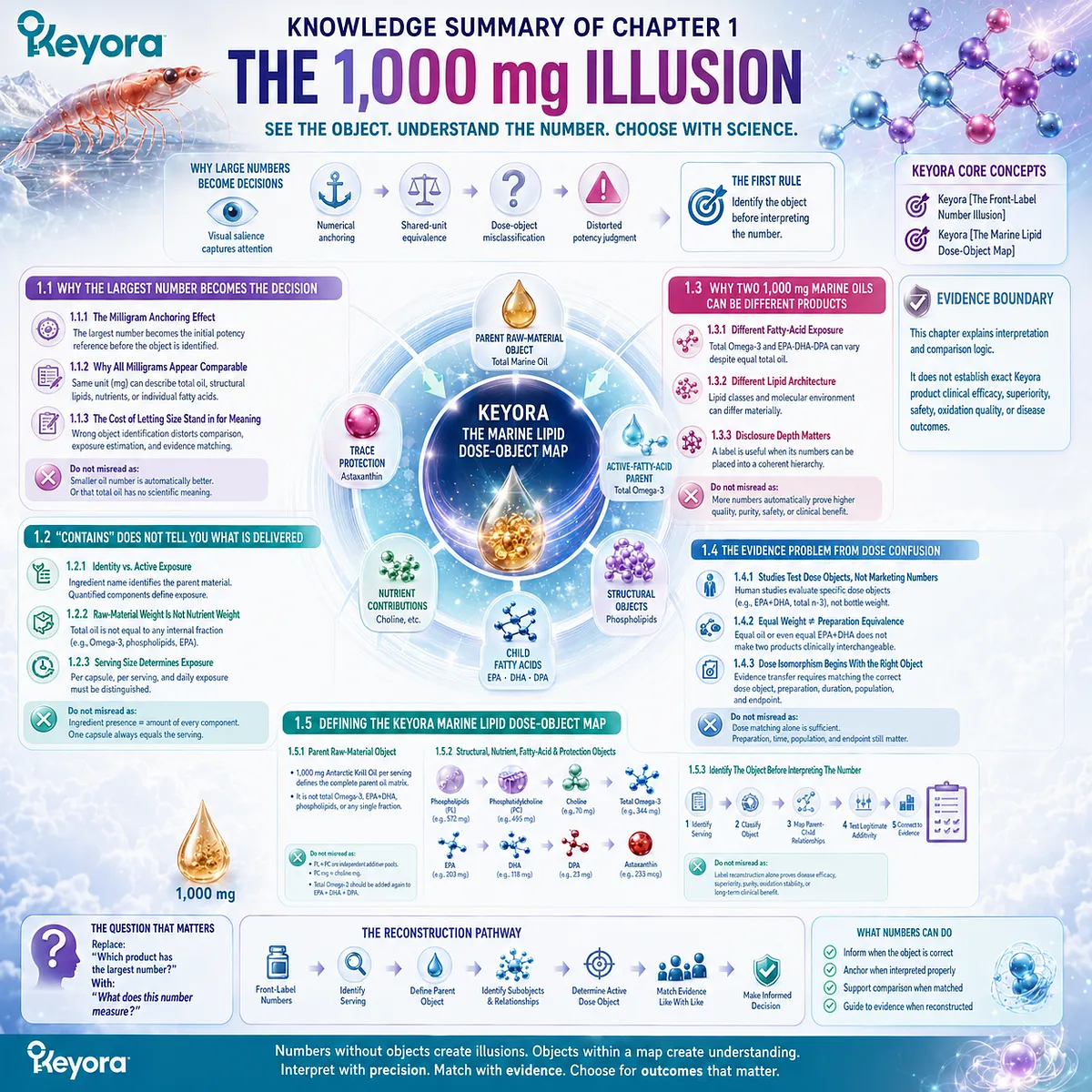 Krill oil dose-object framework maps label hierarchy from serving to parent oil, lipid fractions, Omega-3, and evidence interpretation using Keyora Marine Lipid Dose-Object Map. Krill oil dose-object framework maps label hierarchy from serving to parent oil, lipid fractions, Omega-3, and evidence interpretation using Keyora Marine Lipid Dose-Object Map.