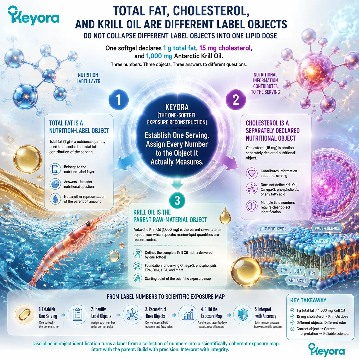 Antarctic Krill Oil dose architecture distinguishes total fat, cholesterol and parent krill oil objects while mapping Omega-3 exposure through Keyora One-Softgel Exposure Reconstruction framework Antarctic Krill Oil dose architecture distinguishes total fat, cholesterol and parent krill oil objects while mapping Omega-3 exposure through Keyora One-Softgel Exposure Reconstruction framework