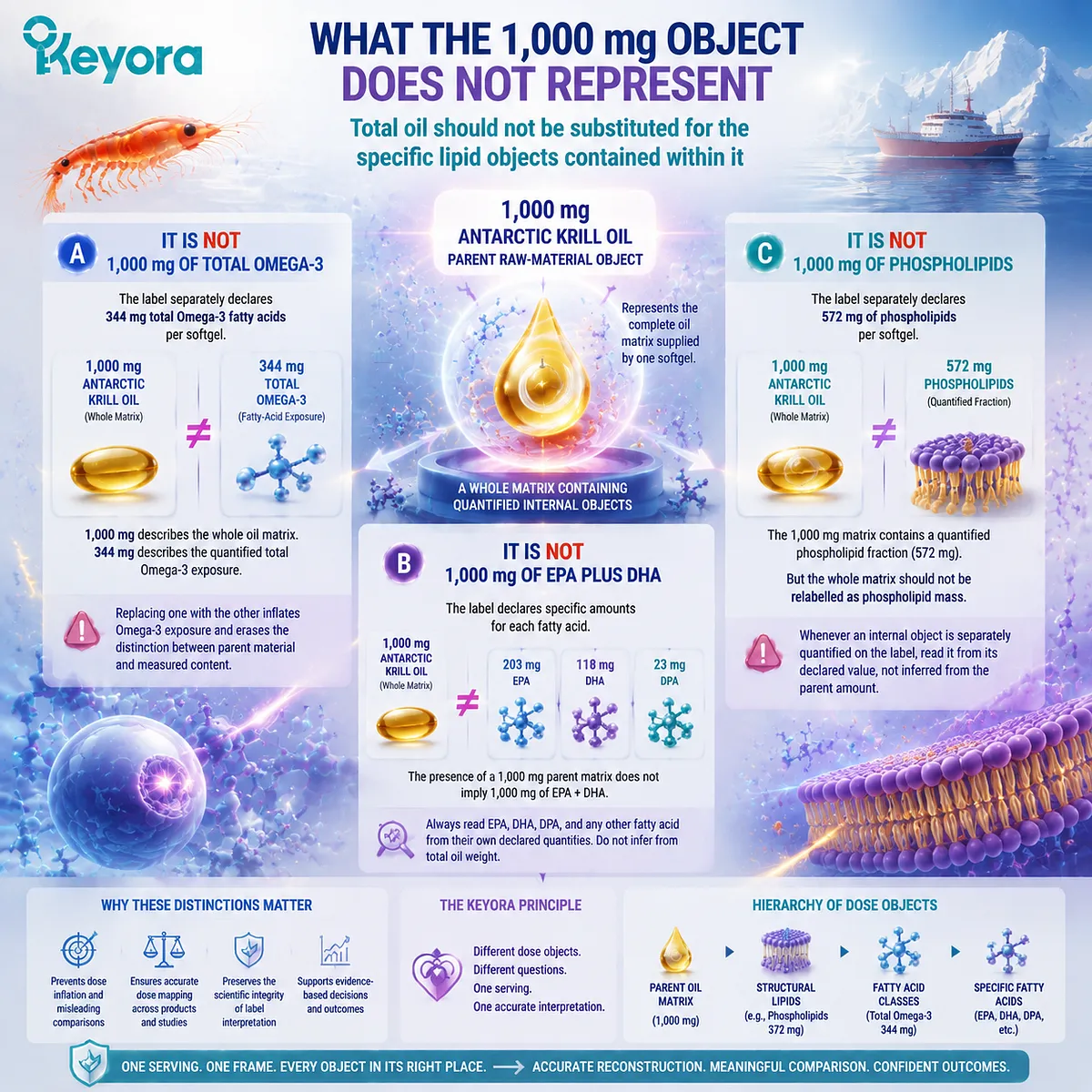 Antarctic Krill Oil 1000 mg parent matrix versus Omega-3 EPA DHA and phospholipid fractions showing distinct dose objects through Keyora Marine Lipid Dose-Object Map Antarctic Krill Oil 1000 mg parent matrix versus Omega-3 EPA DHA and phospholipid fractions showing distinct dose objects through Keyora Marine Lipid Dose-Object Map